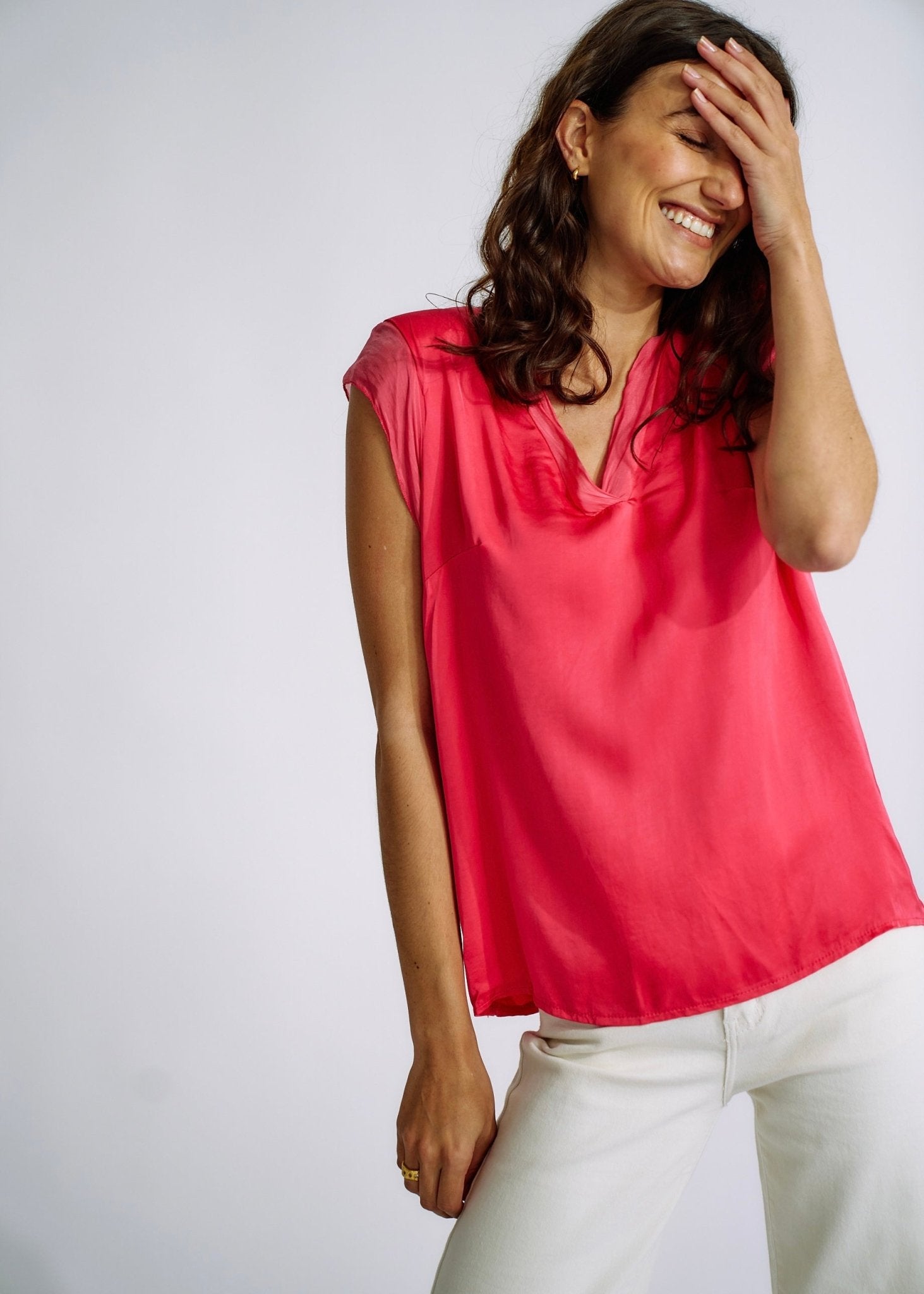 Italian Satin V Neck tee with Silk Trims in StrawberryTOPS - Tribute Store