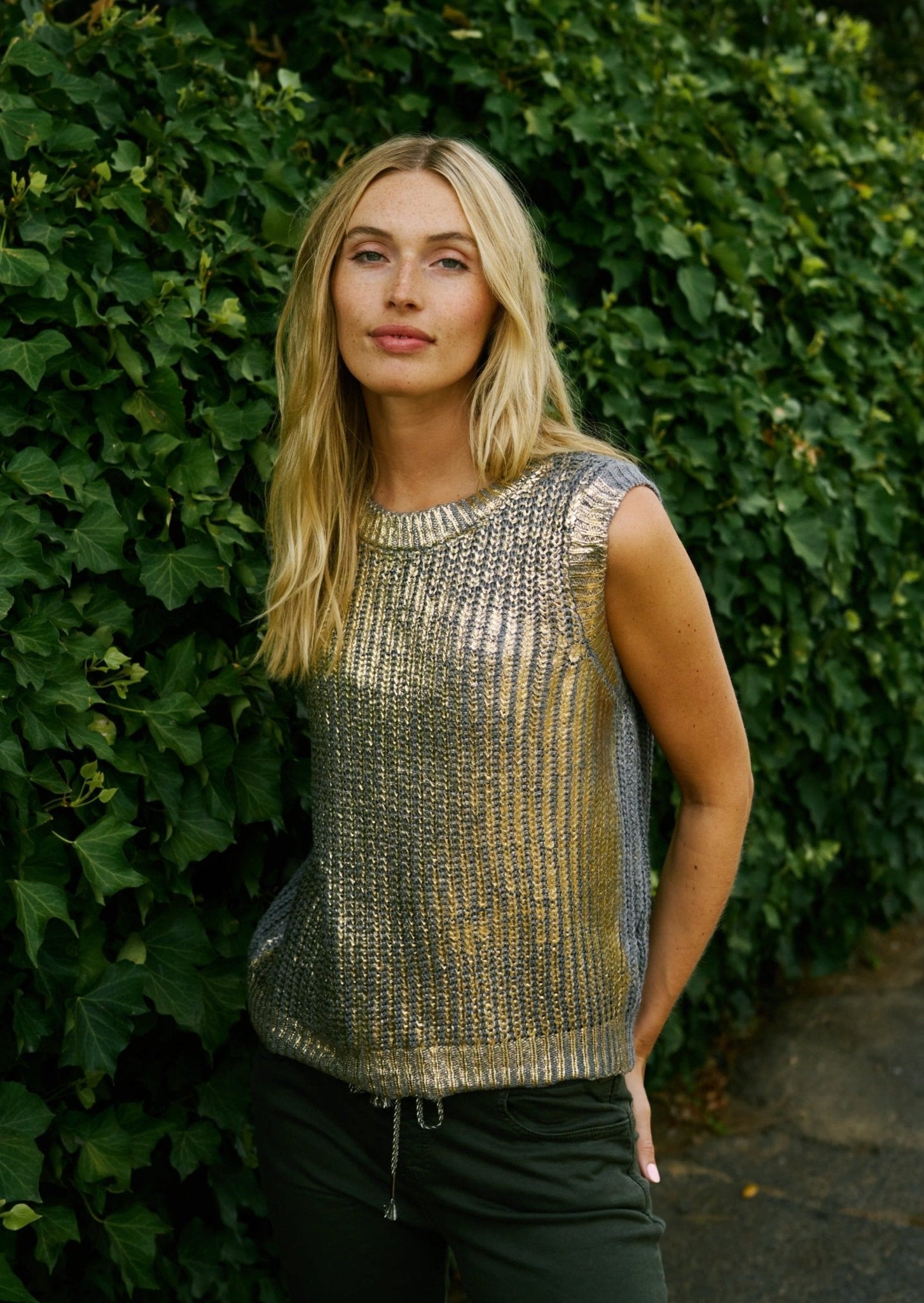 Italian Sleeveless Knit with Gold Foil In Grey - Tribute StoreTRIBUTE