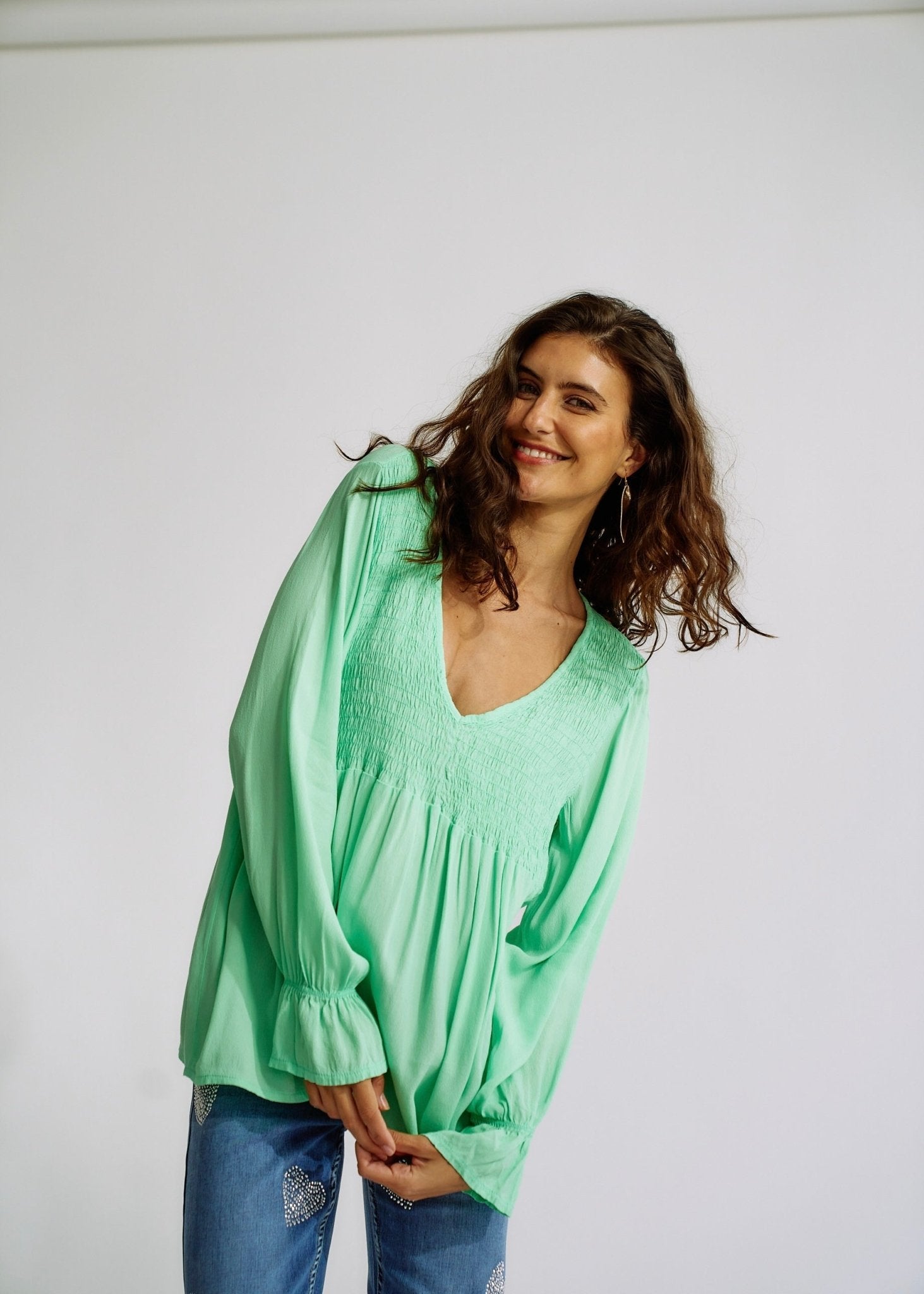 Italian Smock V Neck Blouse in AquaTOPS - Tribute Store