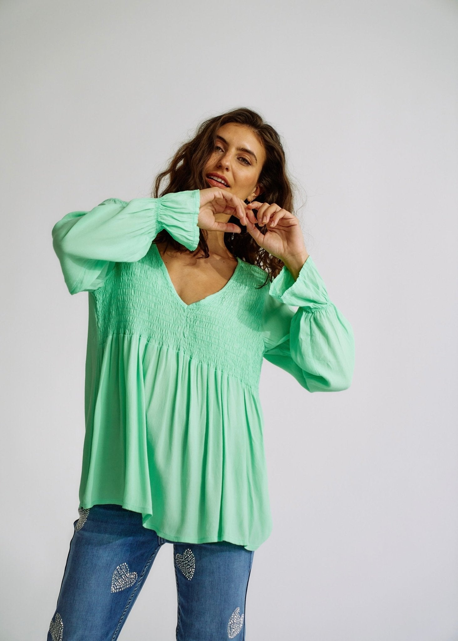 Italian Smock V Neck Blouse in AquaTOPS - Tribute Store