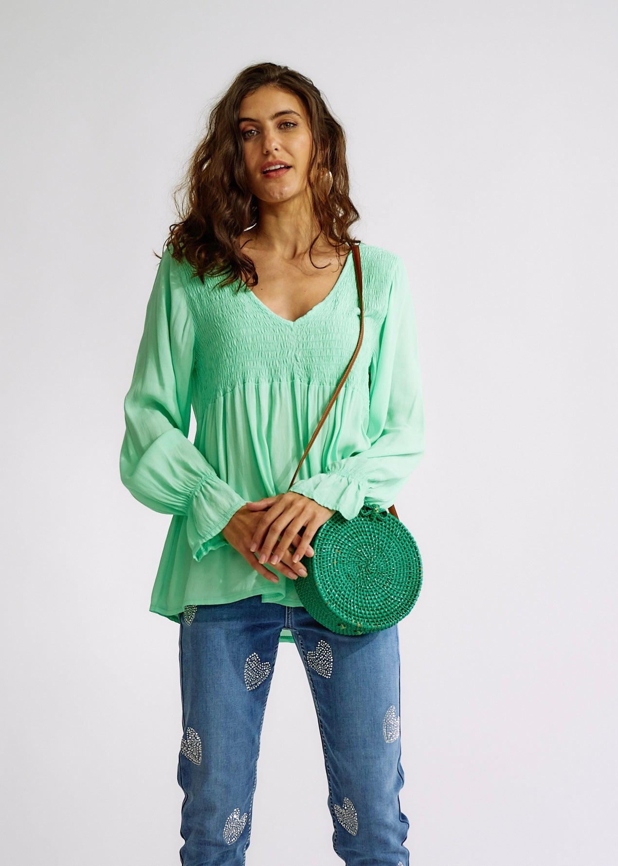 Italian Smock V Neck Blouse in AquaTOPS - Tribute Store