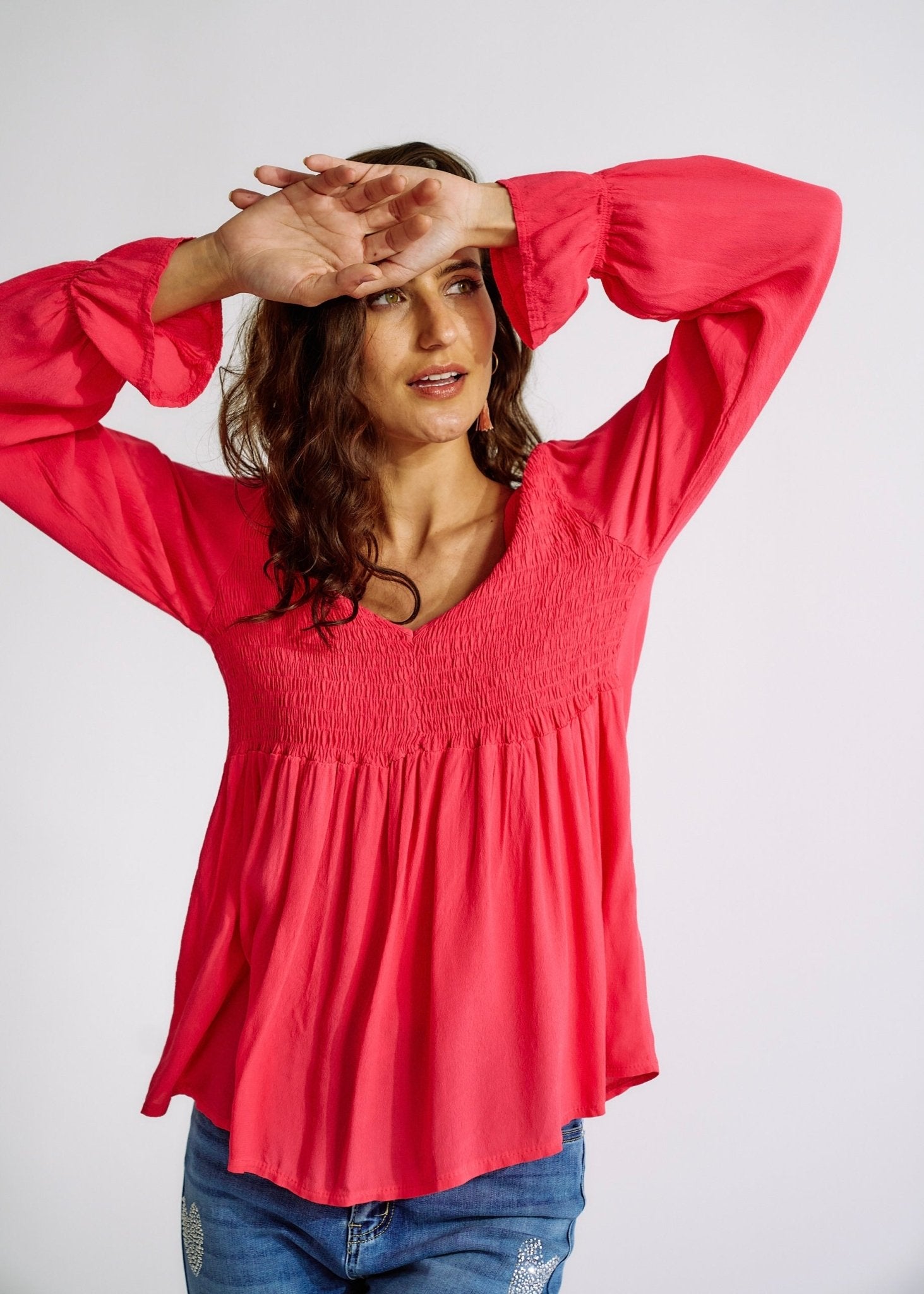 Italian Smock V Neck Blouse in StrawberryTOPS - Tribute Store