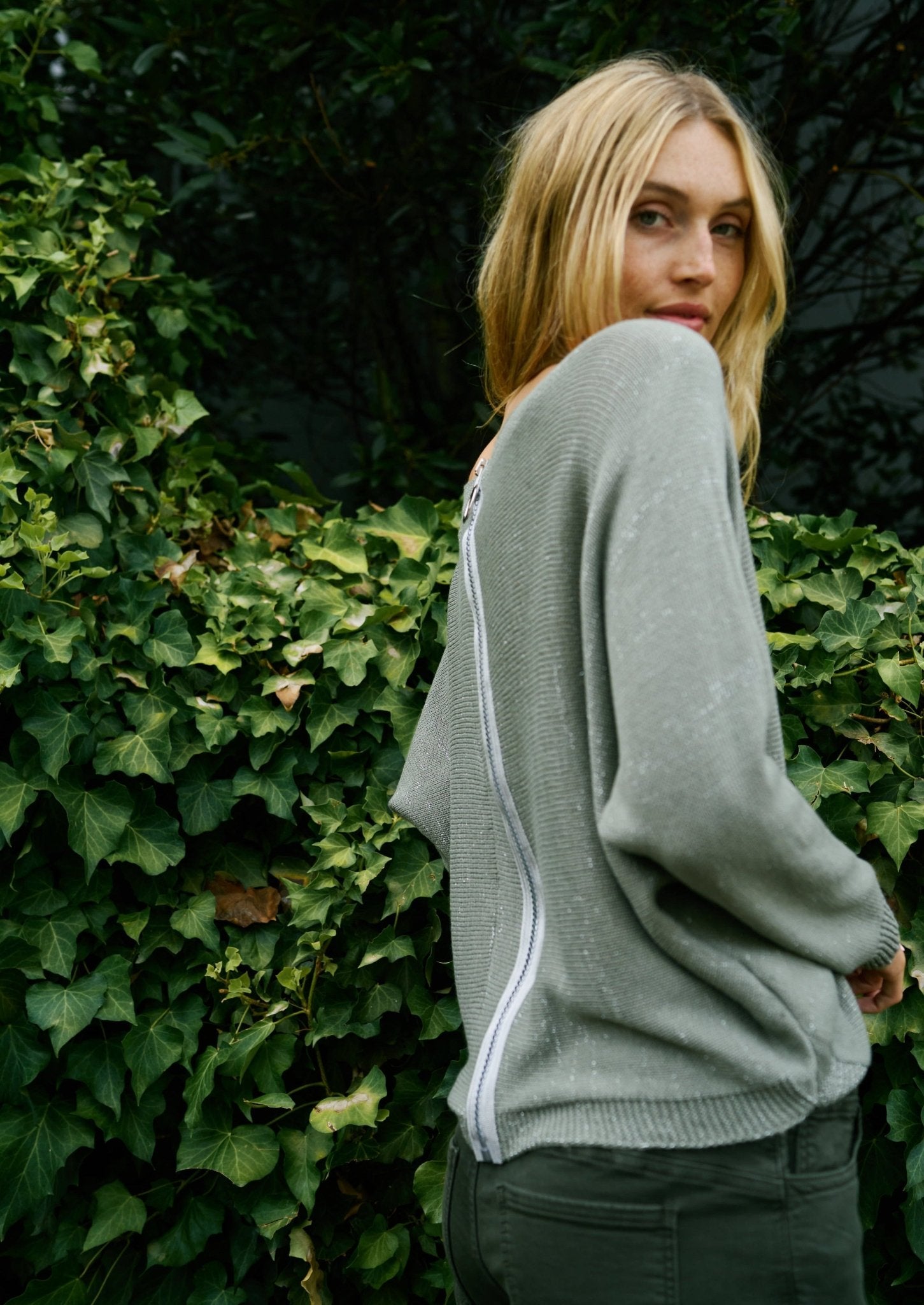 Italian Stonewashed Boatneck Knit with Zip Back In Khaki - Tribute StoreTRIBUTE