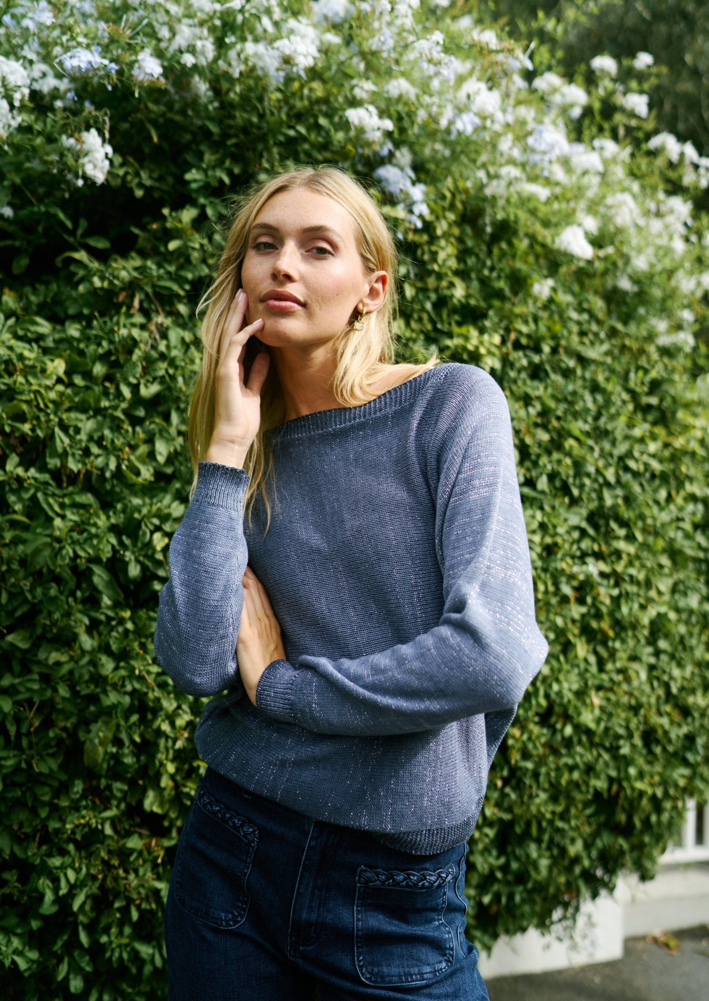 Italian Stonewashed Boatneck Knit with Zip Back In Petrol Blue - Tribute StoreTRIBUTE