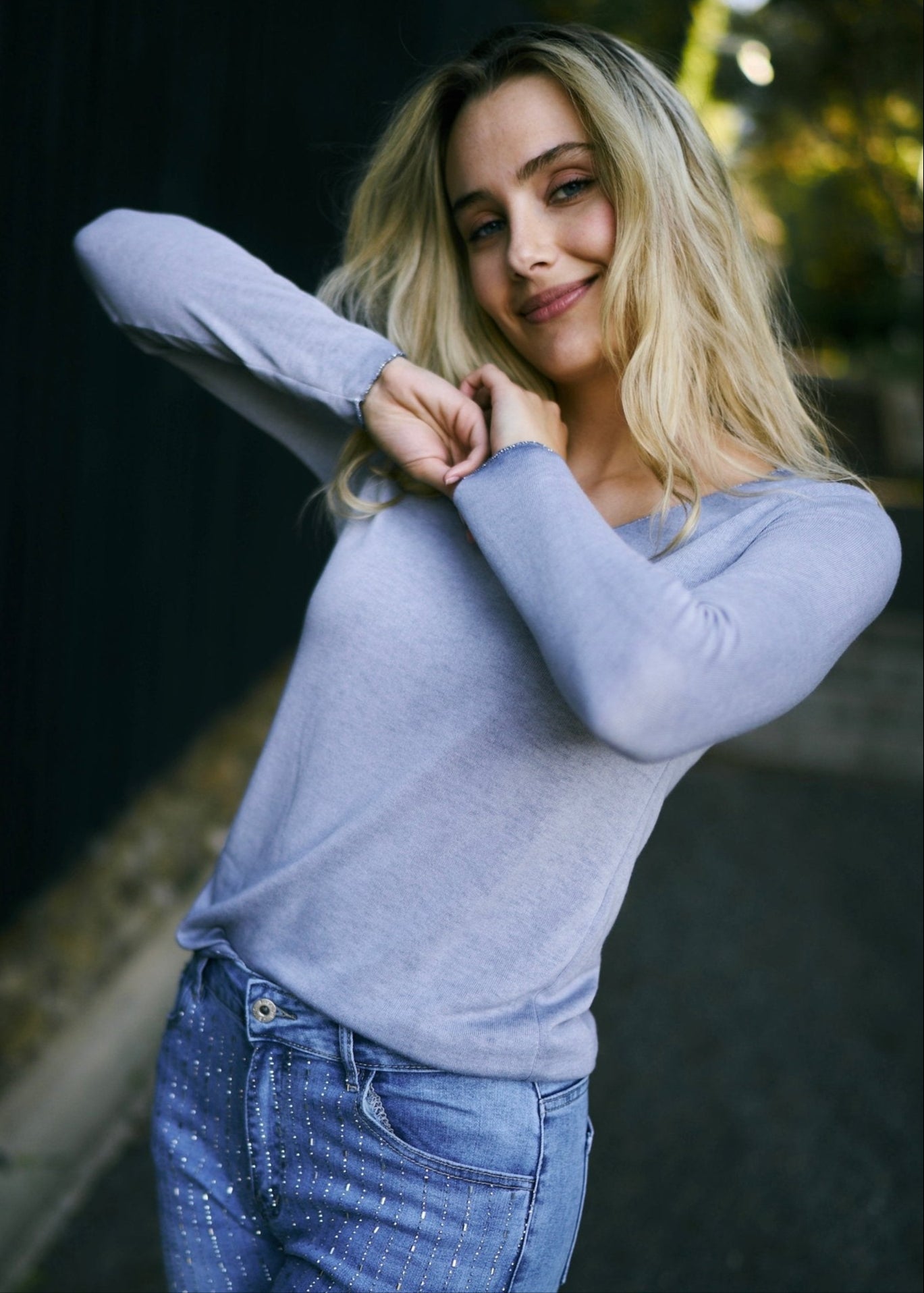 View our Italian Stonewashed Knit with Shimmer Edge In Denim Blue - The ultimate TOPS created by TRIBUTE and sold here, at Tribute Store