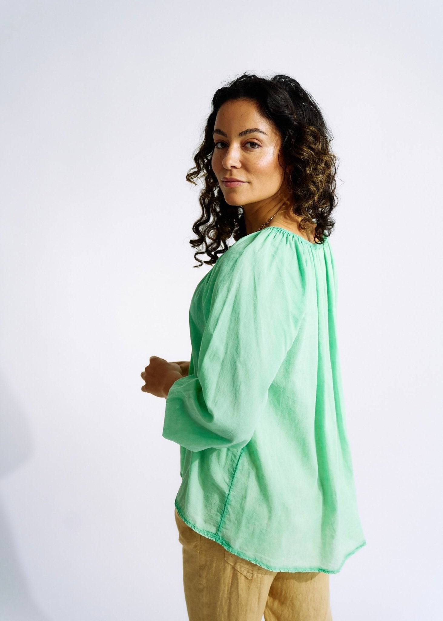 Italian Stonewashed Peasant Blouse in Summer GreenTOPS - Tribute Store