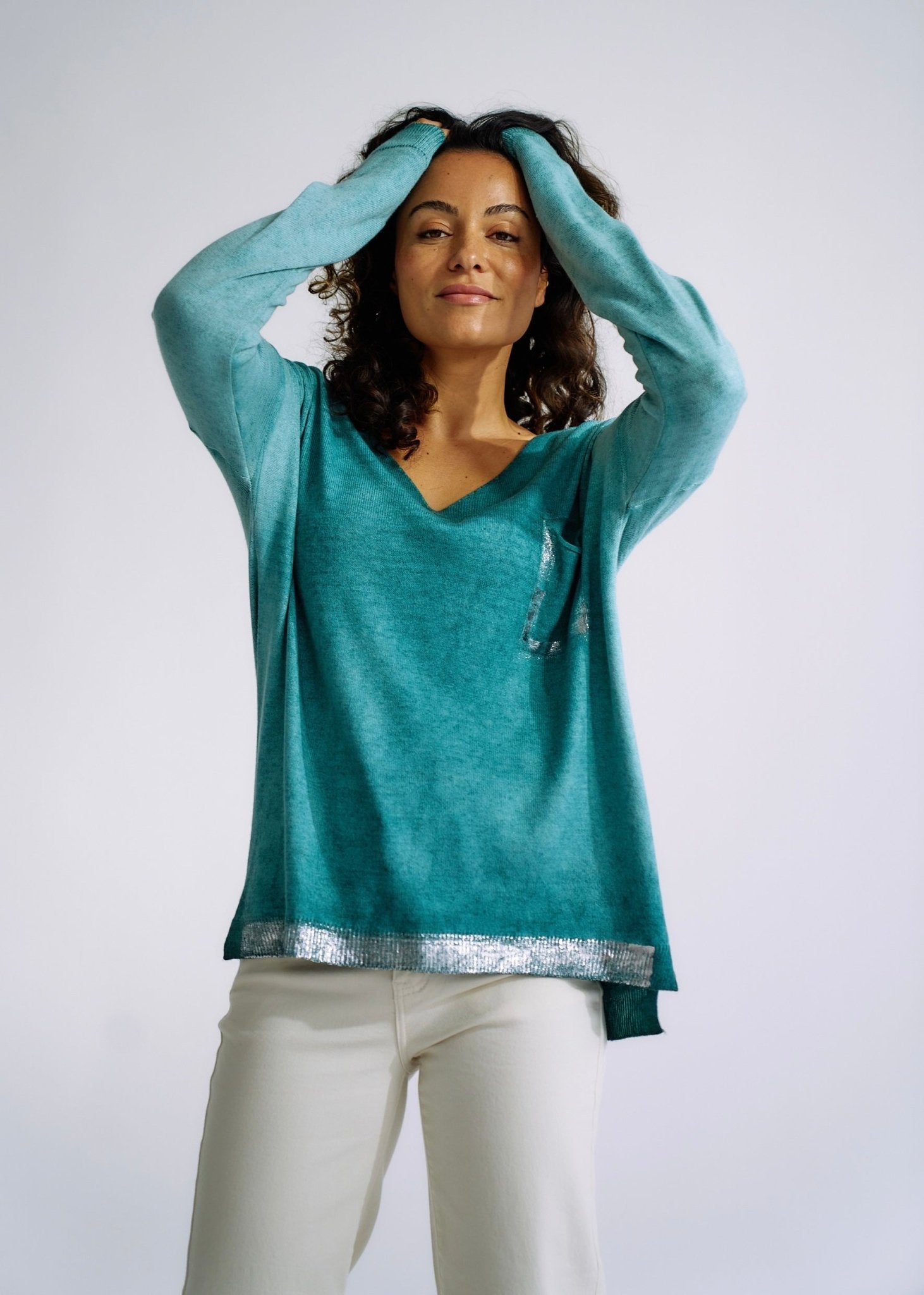 Italian Stonewashed V Neck Knit with Shimmer Pocket in Emerald GreenTOPS - Tribute Store