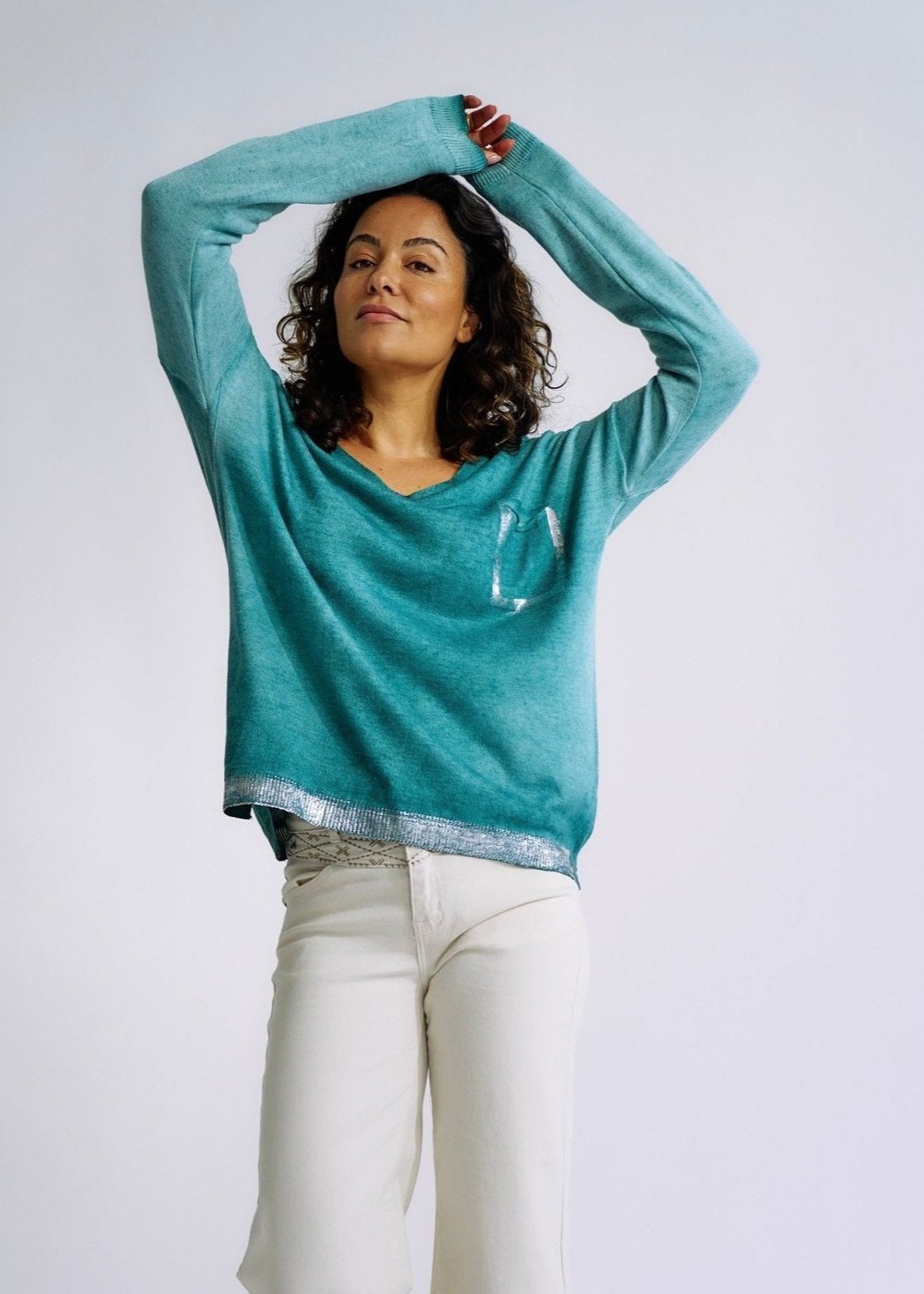 Italian Stonewashed V Neck Knit with Shimmer Pocket in Emerald GreenTOPS - Tribute Store