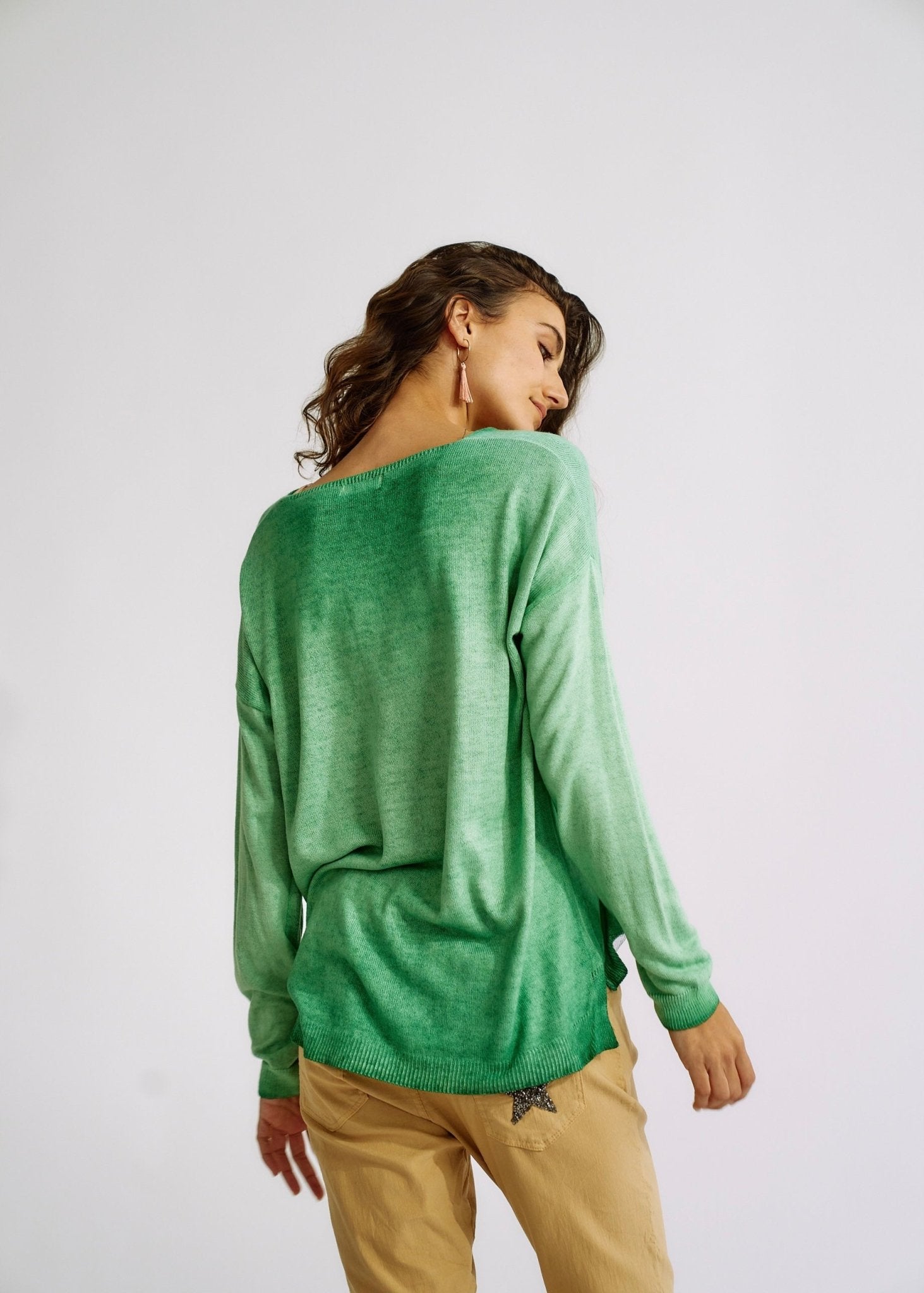 Italian Stonewashed V Neck Knit with Shimmer Pocket in GreenTOPS - Tribute Store