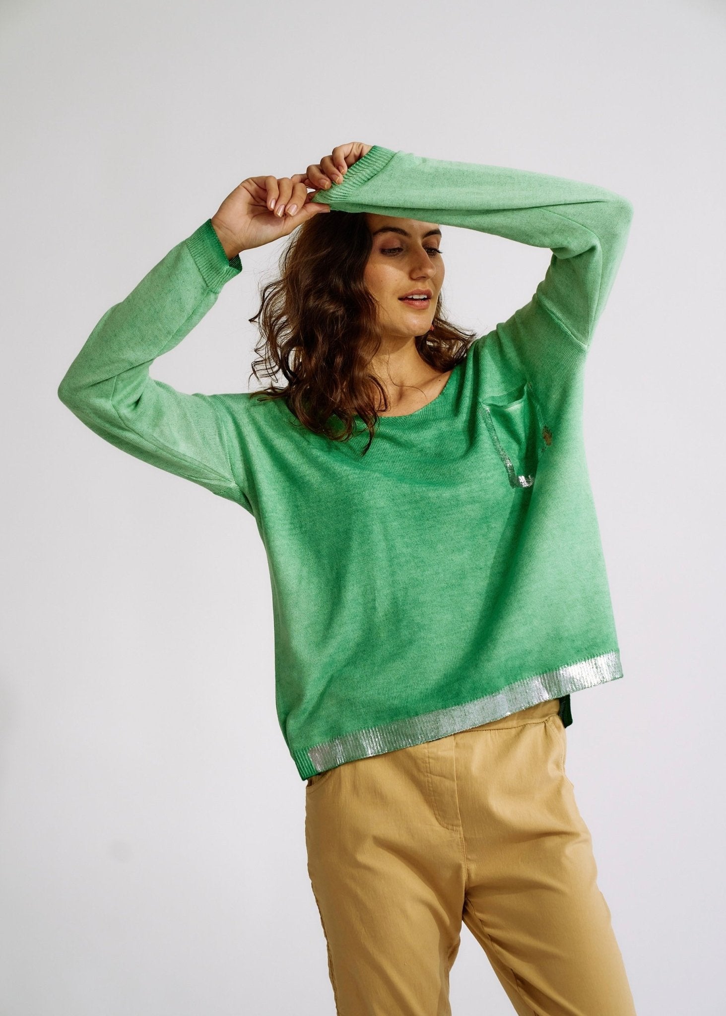 Italian Stonewashed V Neck Knit with Shimmer Pocket in GreenTOPS - Tribute Store