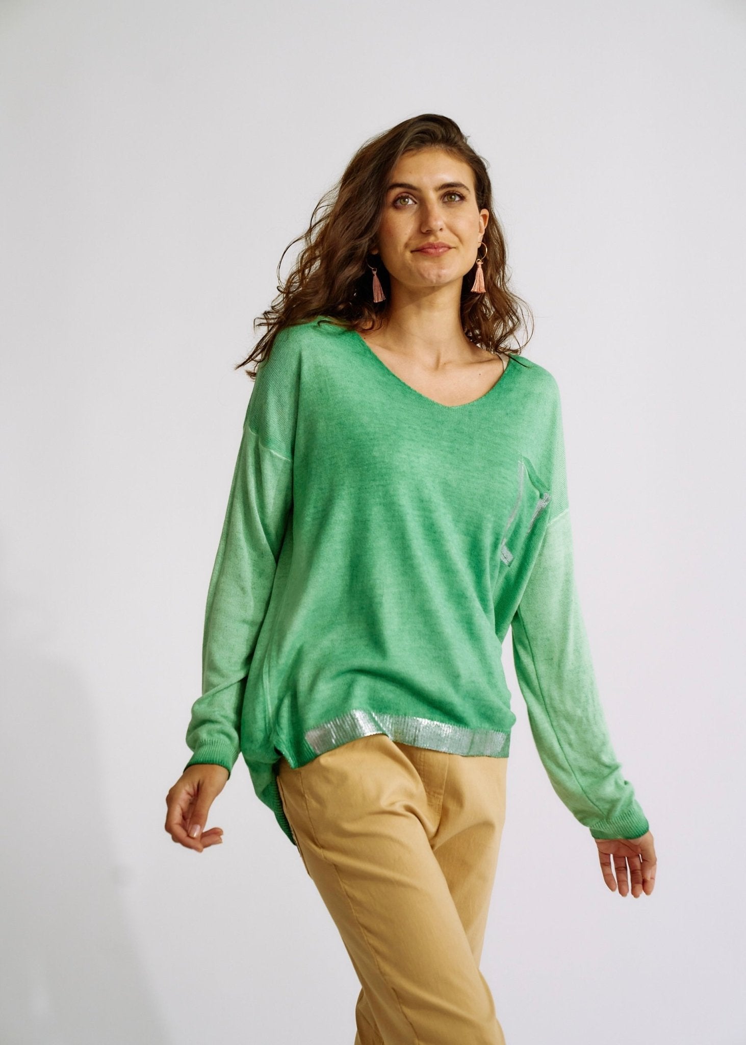 Italian Stonewashed V Neck Knit with Shimmer Pocket in GreenTOPS - Tribute Store