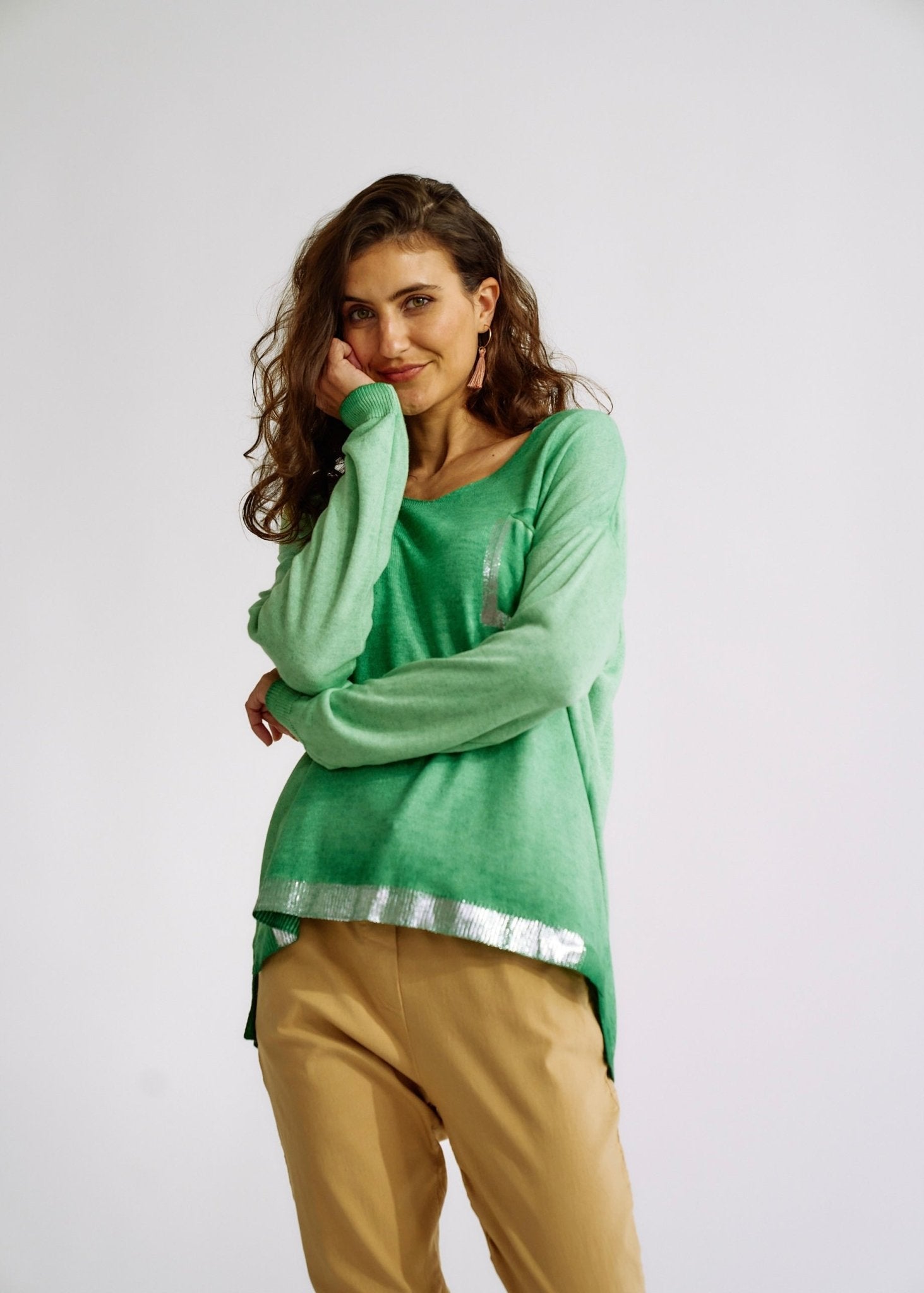 Italian Stonewashed V Neck Knit with Shimmer Pocket in GreenTOPS - Tribute Store