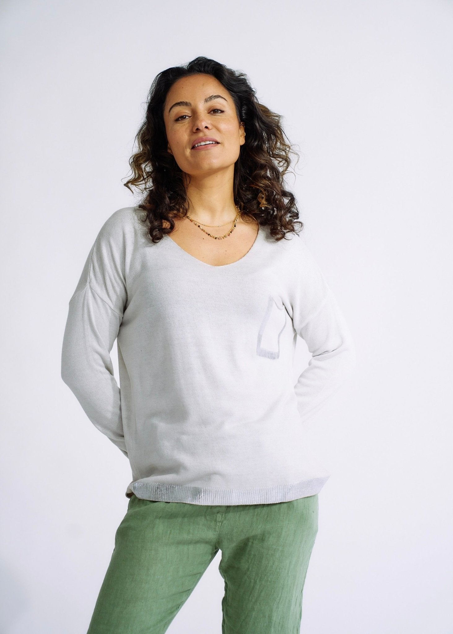 Italian Stonewashed V Neck Knit with Shimmer Pocket in TaupeTOPS - Tribute Store