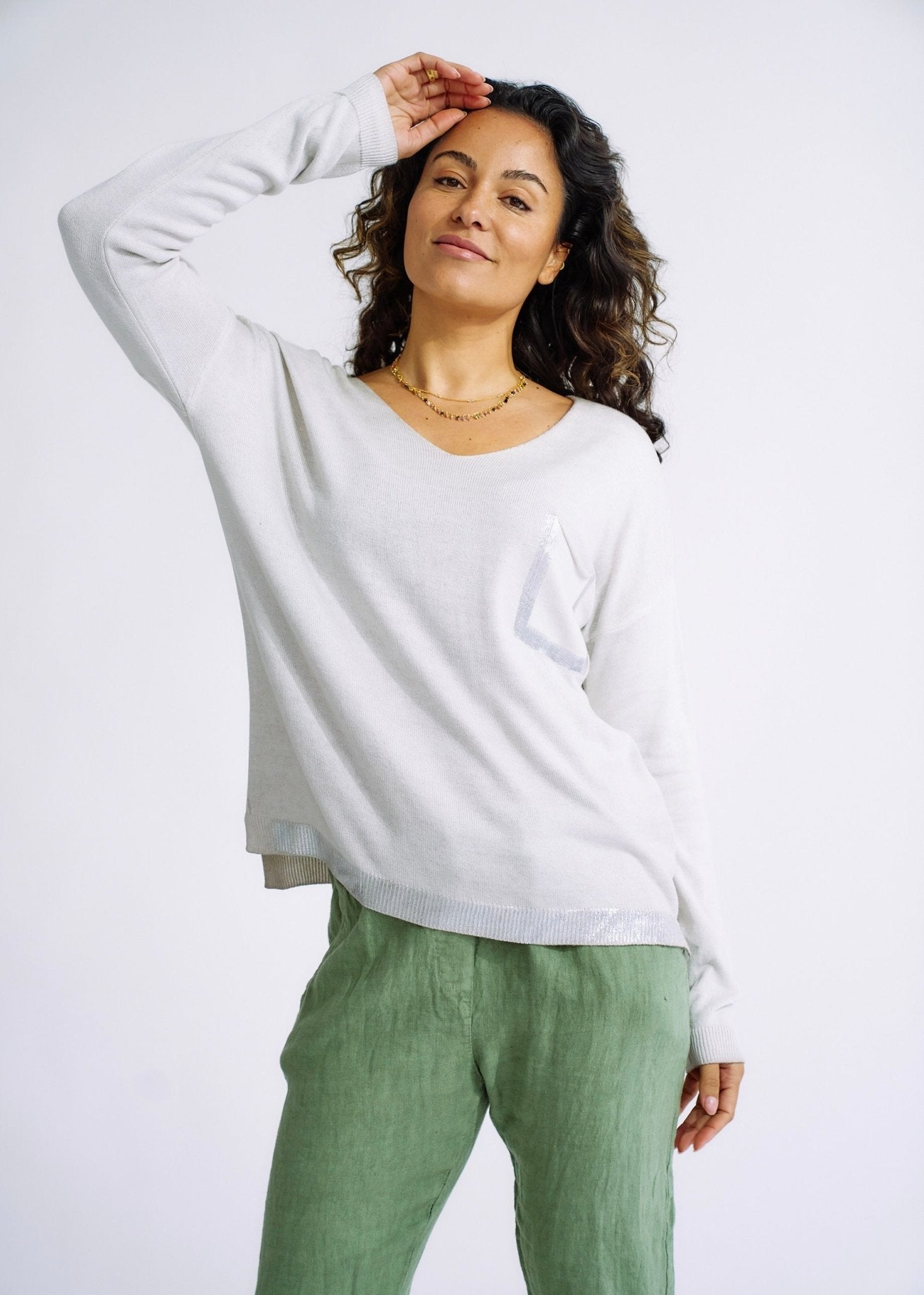 Italian Stonewashed V Neck Knit with Shimmer Pocket in TaupeTOPS - Tribute Store