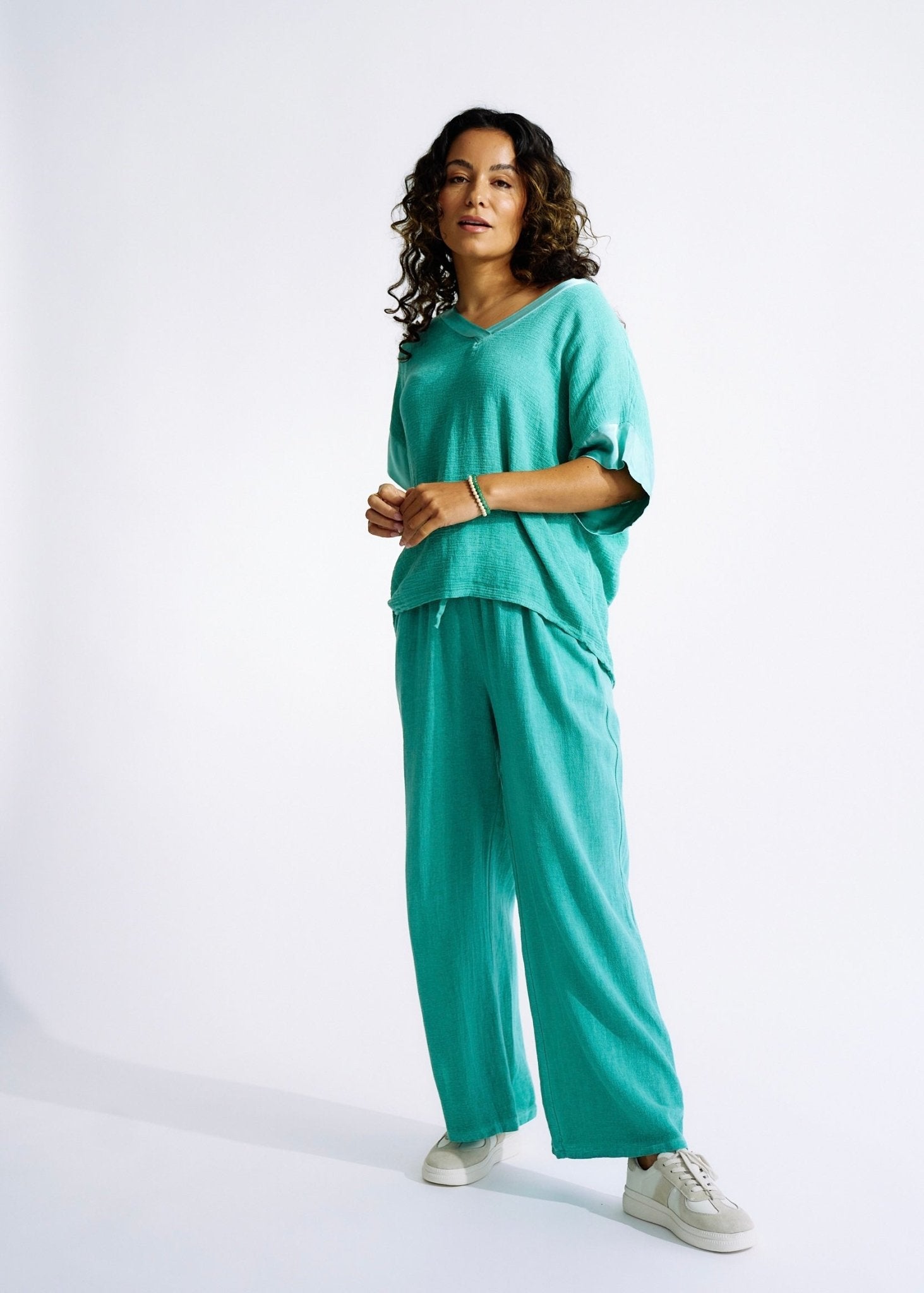 Italian Textured Cotton Loungewear Set with Satin Detail in Dark GreenTOPS - Tribute Store