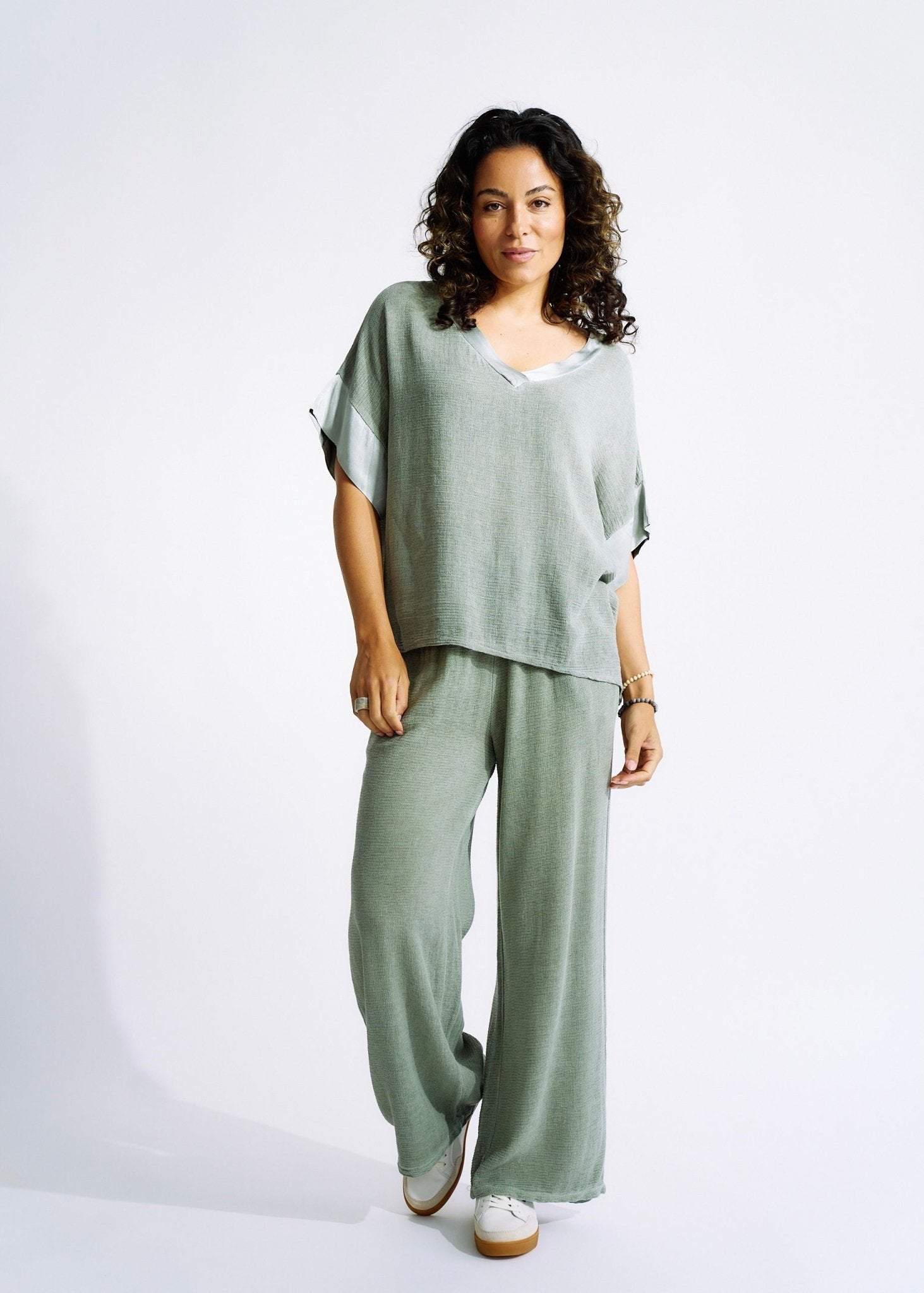 Italian Textured Cotton Loungewear Set with Satin Detail in KhakiTOPS - Tribute Store