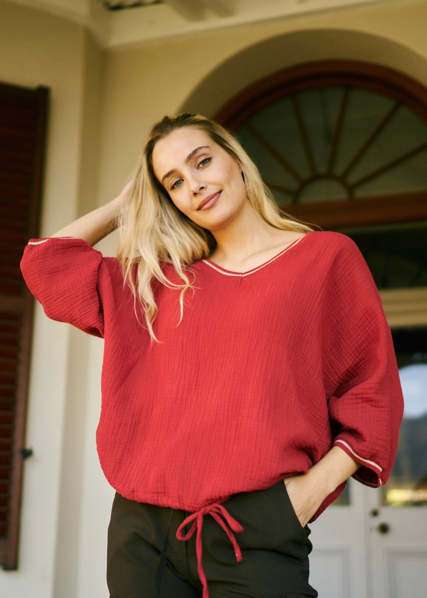 Italian Textured Cotton V Neck Top with Shimmer Trim in Crimson - Tribute StoreTRIBUTE