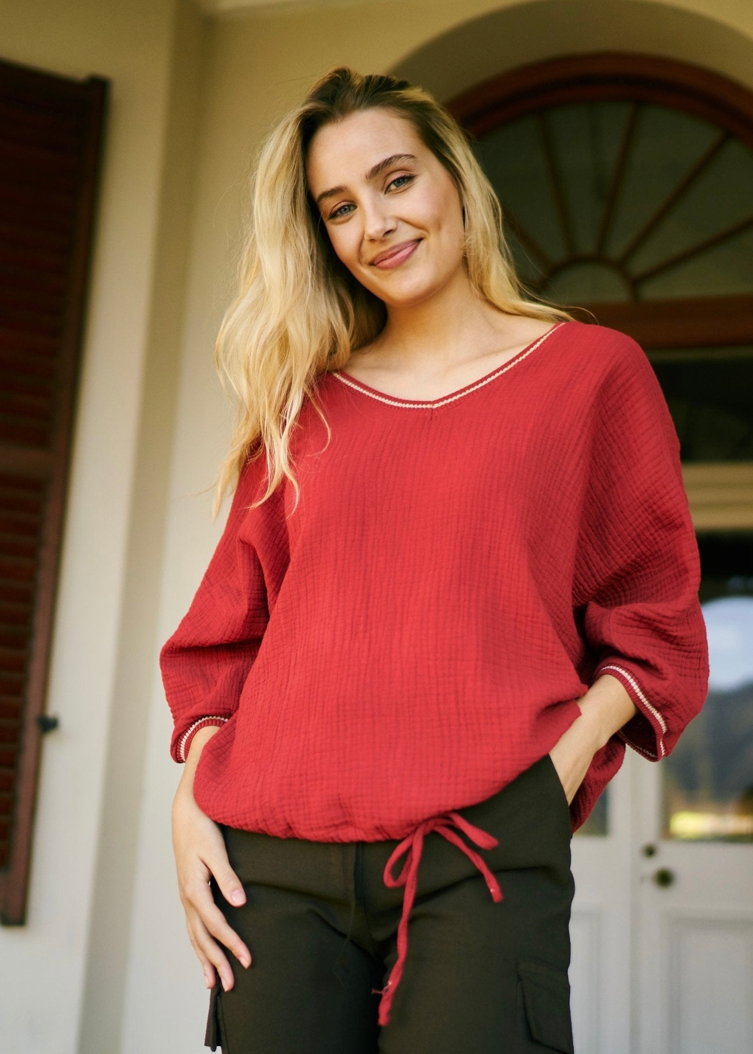 Italian Textured Cotton V Neck Top with Shimmer Trim in Crimson - Tribute StoreTRIBUTE