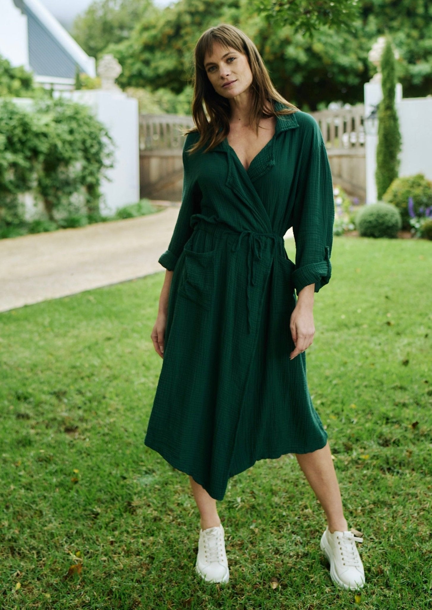 Italian Textured Cotton Wrap Dress In Dark Green - Tribute StoreTRIBUTE