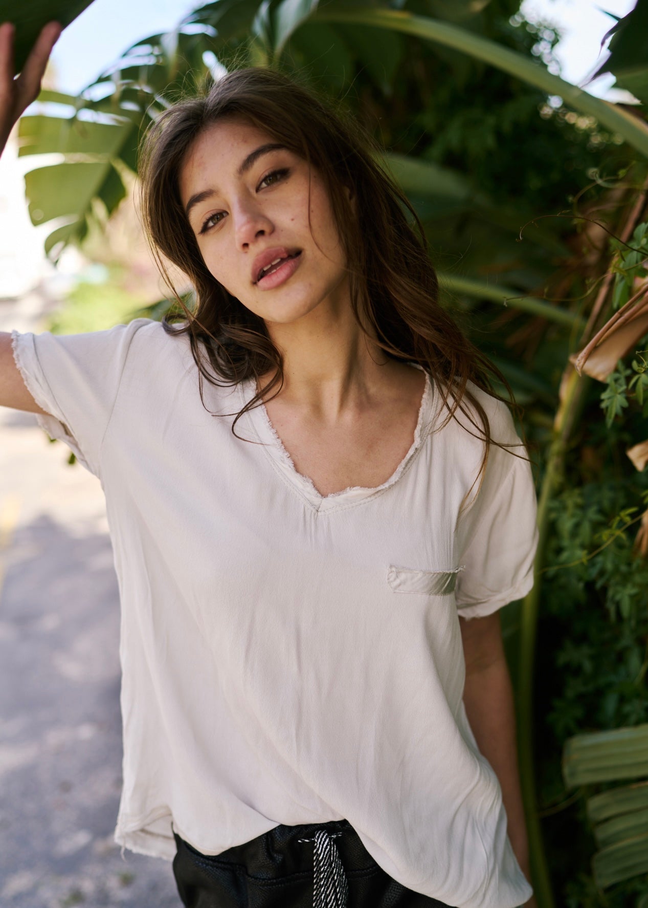 Italian Viscose Tee with Mock Pocket in CreamTOPS - Tribute Store