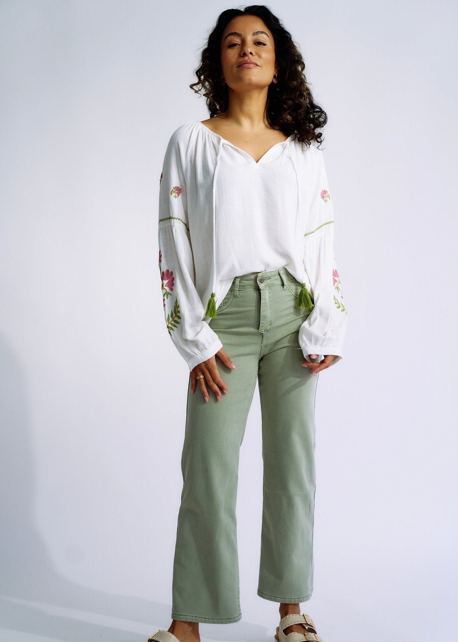 Linen Blend Peasant Blouse with Pink and Green EmbroideryTOPS - Tribute Store