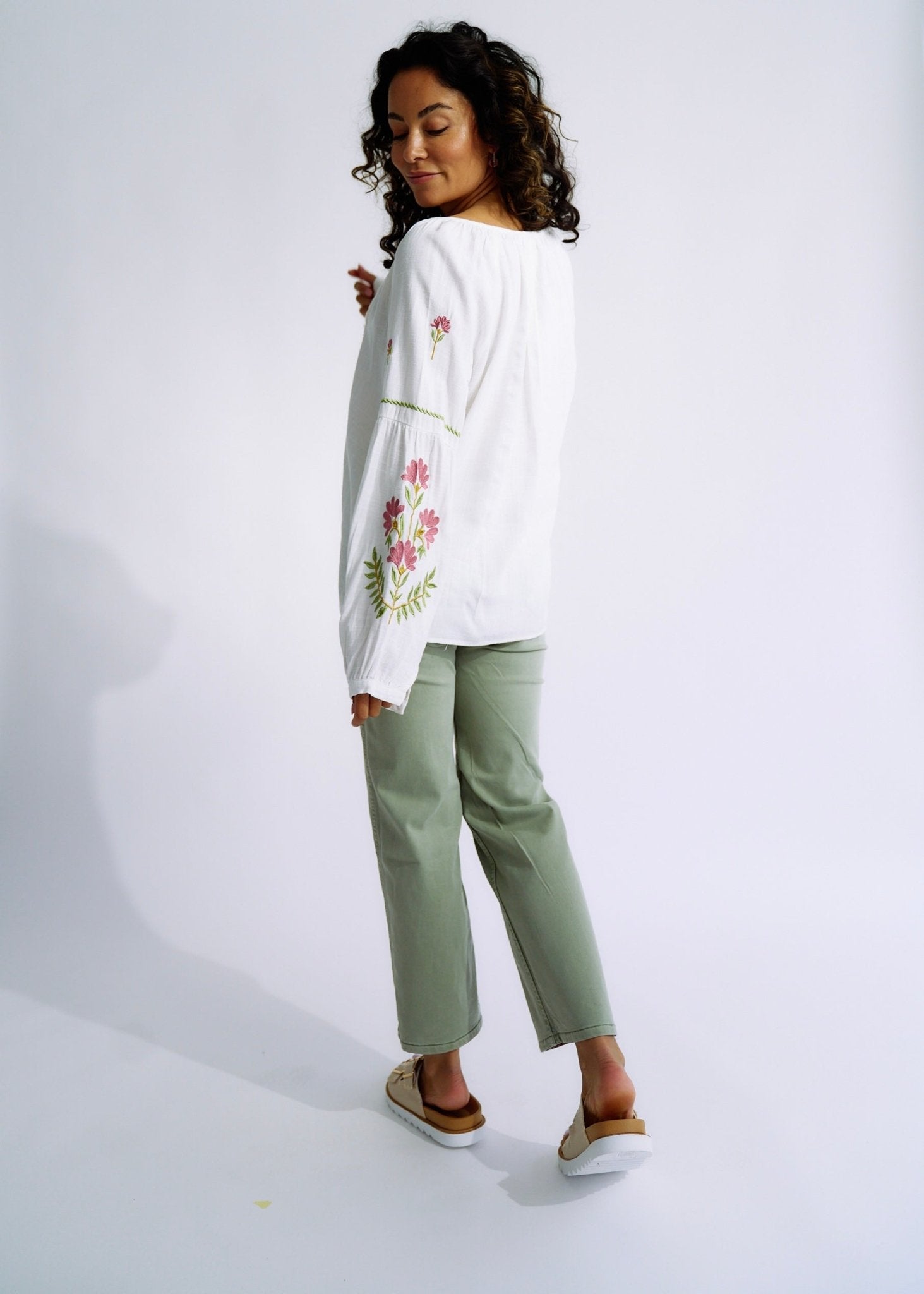 Linen Blend Peasant Blouse with Pink and Green EmbroideryTOPS - Tribute Store