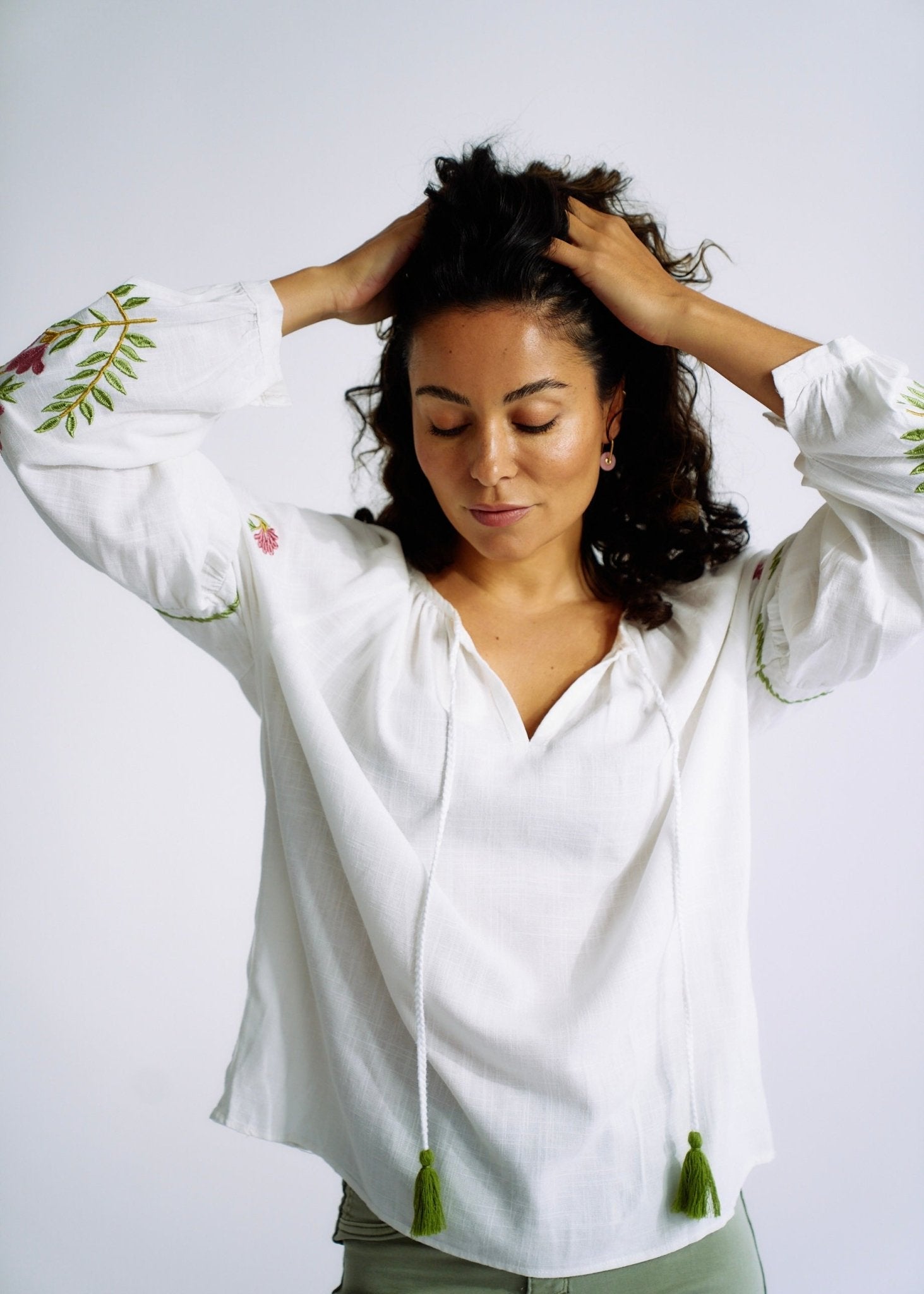 Linen Blend Peasant Blouse with Pink and Green EmbroideryTOPS - Tribute Store