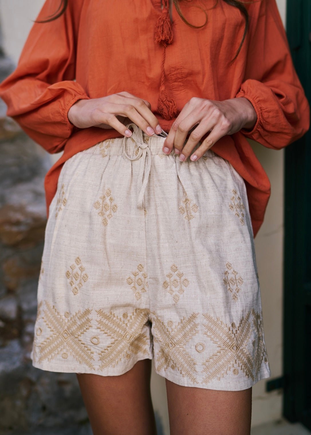 Linen Blend Summer Shorts with Embroidery in StoneBOTTOMS - Tribute Store