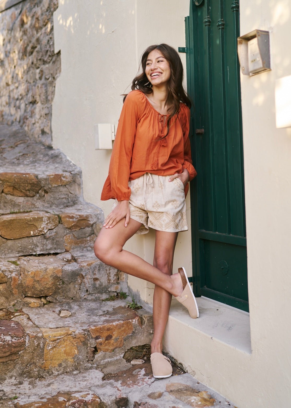 Linen Blend Summer Shorts with Embroidery in StoneBOTTOMS - Tribute Store