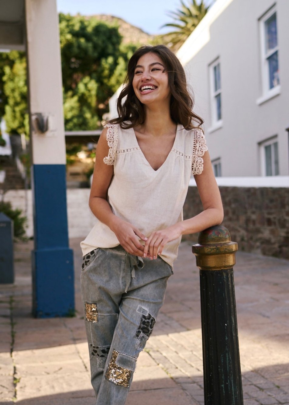 Linen Blend V Neck Sleeveless Blouse with Crochet Details In BeigeTOPS - Tribute Store