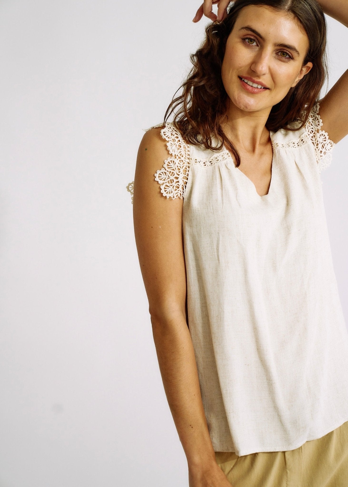 Linen Blend V Neck Sleeveless Blouse with Crochet Details In BeigeTOPS - Tribute Store