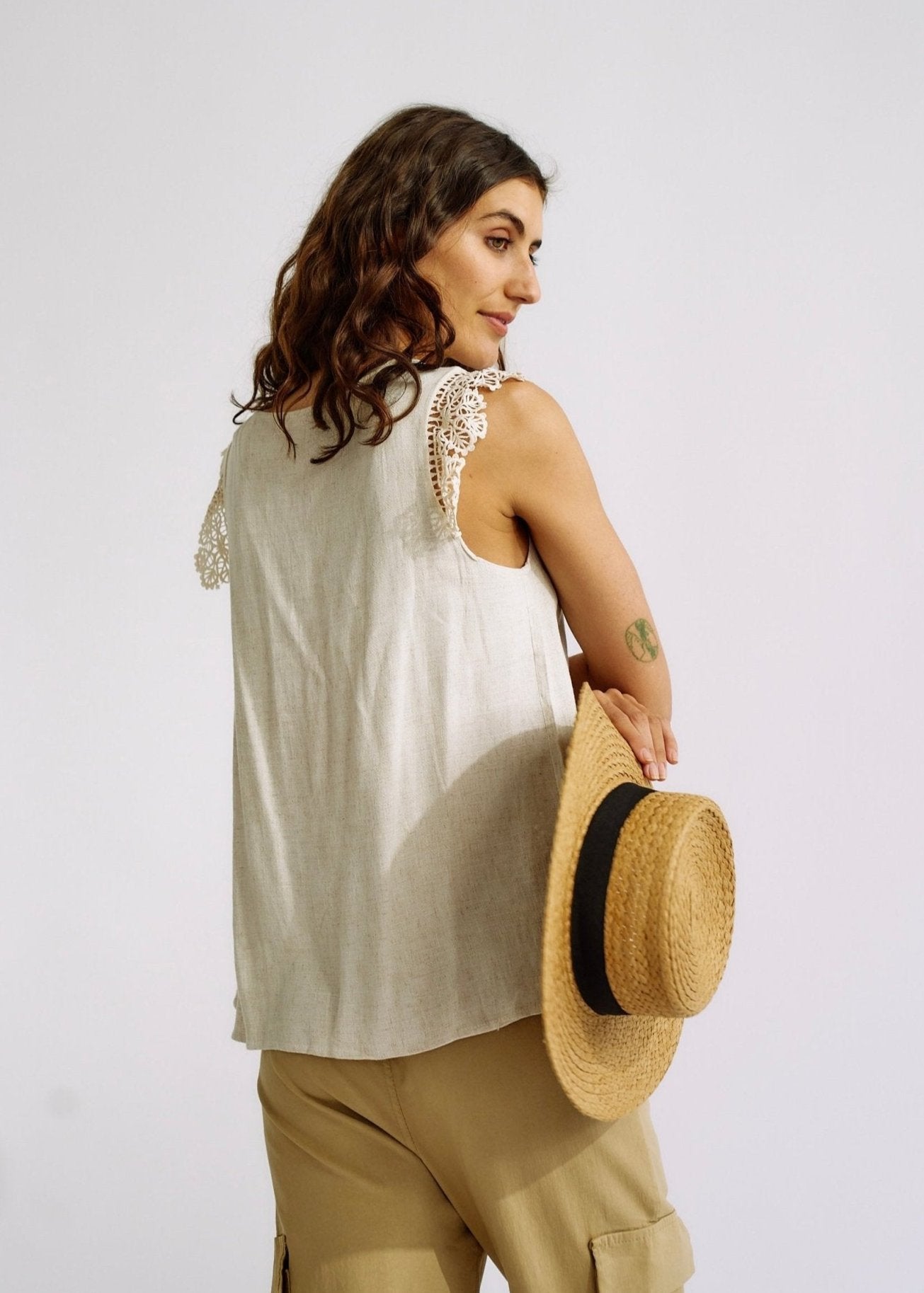 Linen Blend V Neck Sleeveless Blouse with Crochet Details In BeigeTOPS - Tribute Store