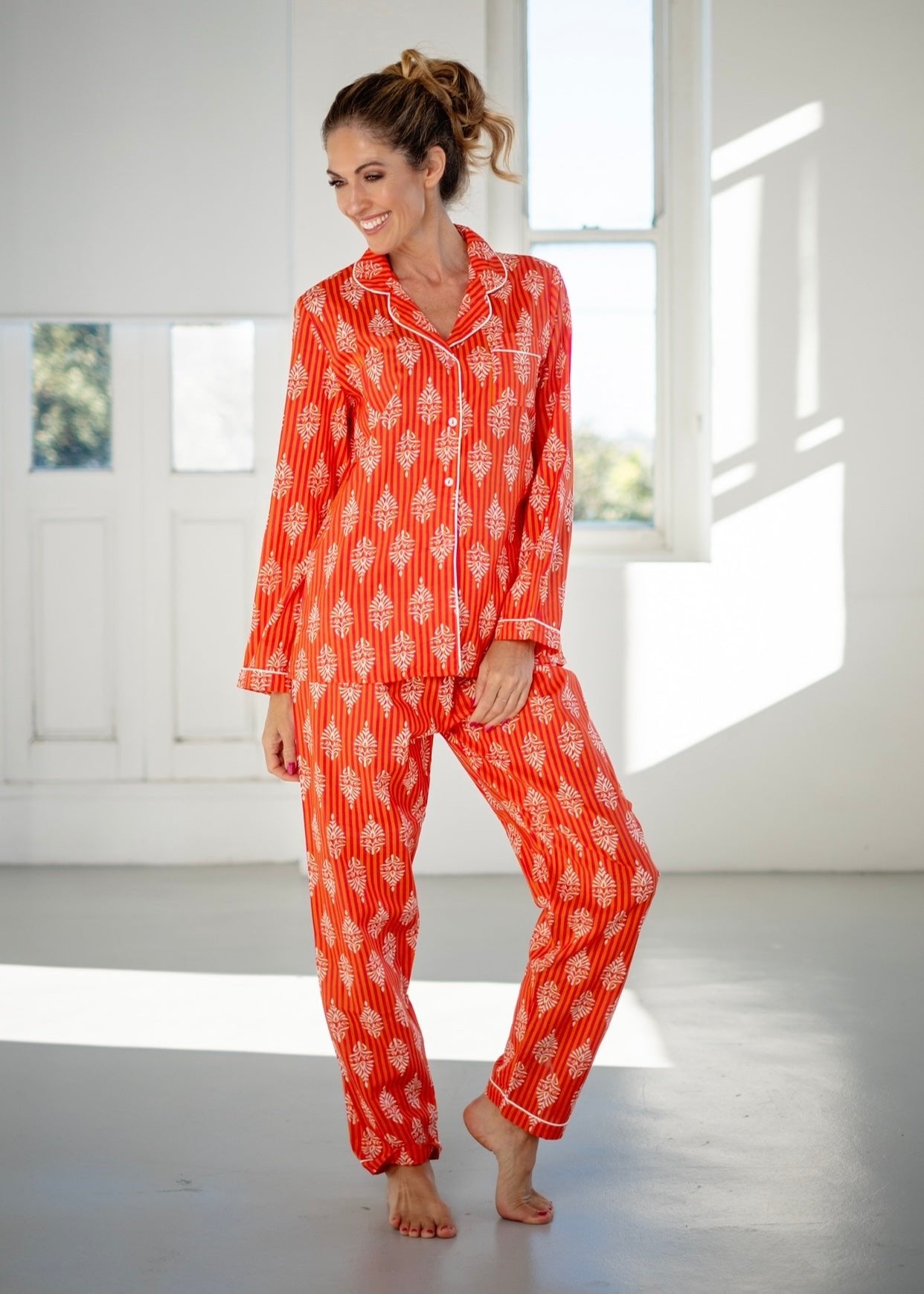 Long Sleeve Pyjama Set With Stripes In TangerineSLEEPWEAR - Tribute Store