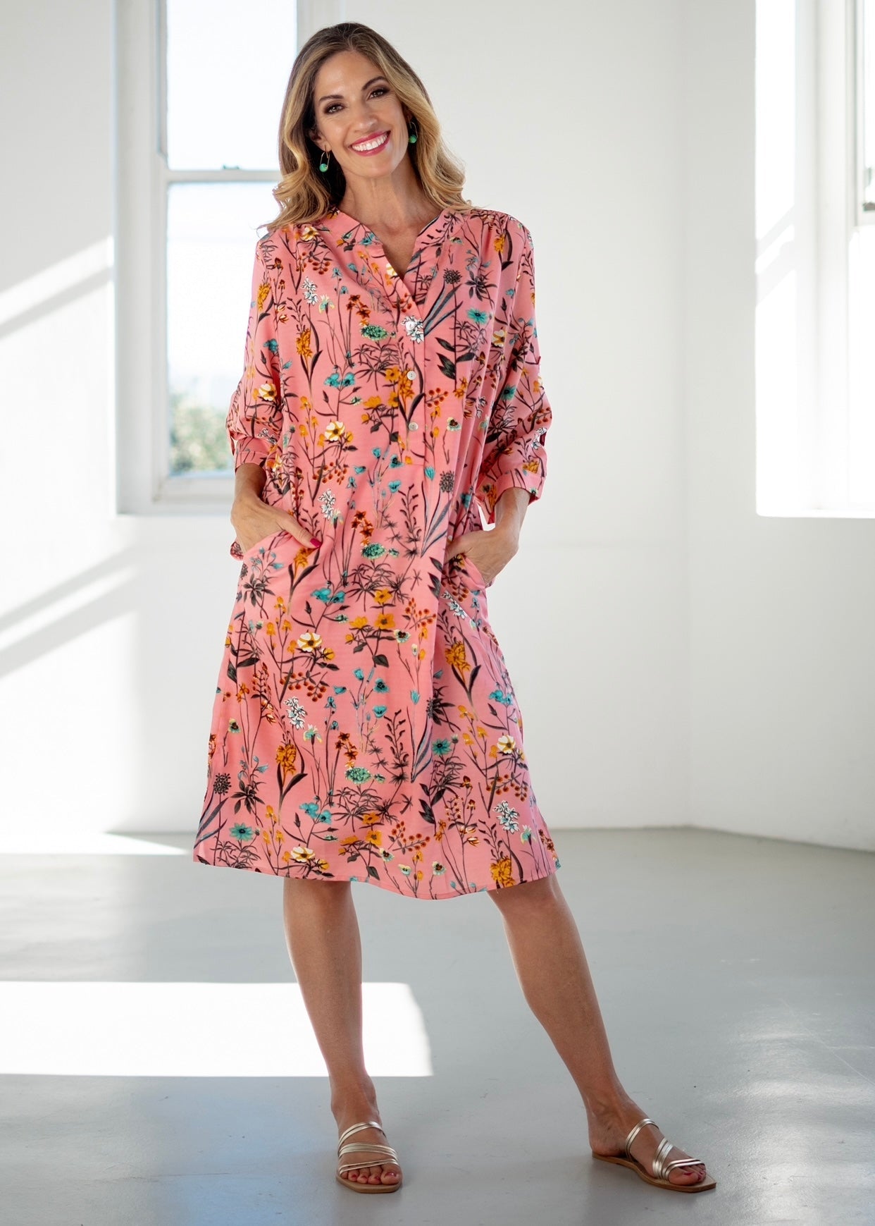 Mandarin Tunic Dress With Floral Print In PinkDRESSES - Tribute Store