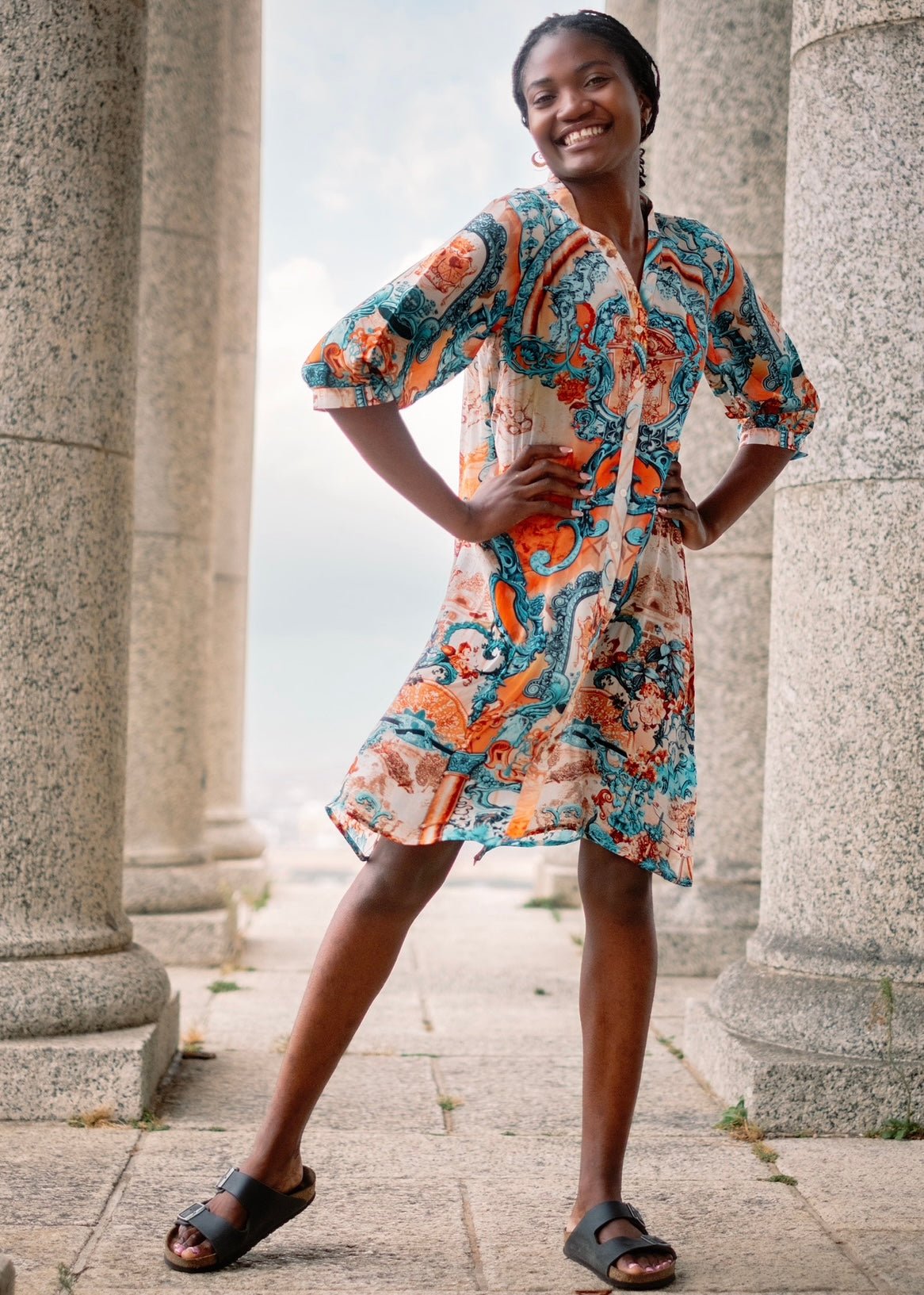 Maxine Short Dress With Bold Print In Coral And Turquoise - Tribute StoreICONIC