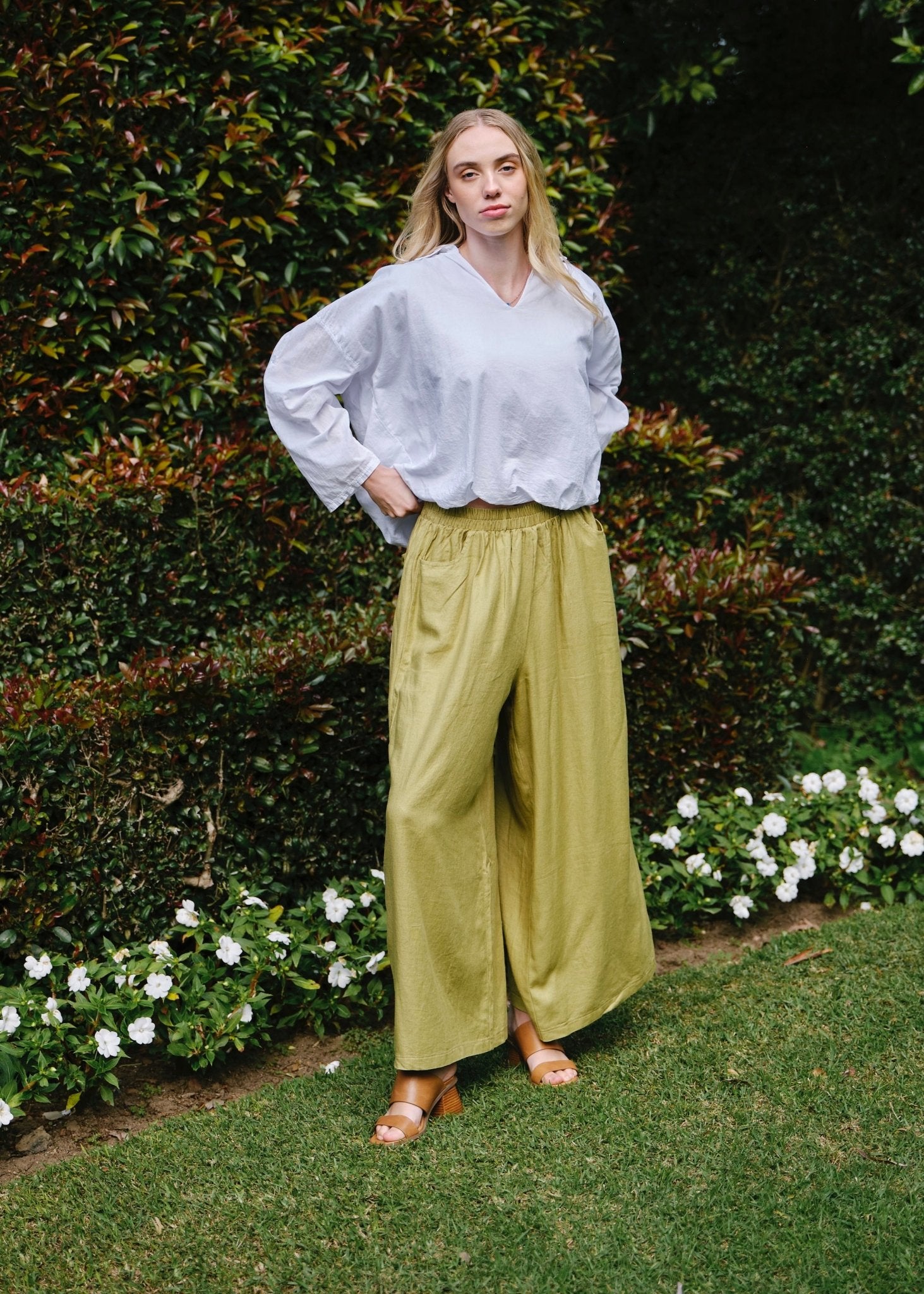 View our Alameda Wide Leg Pants In Olive Green - by Tribute Store