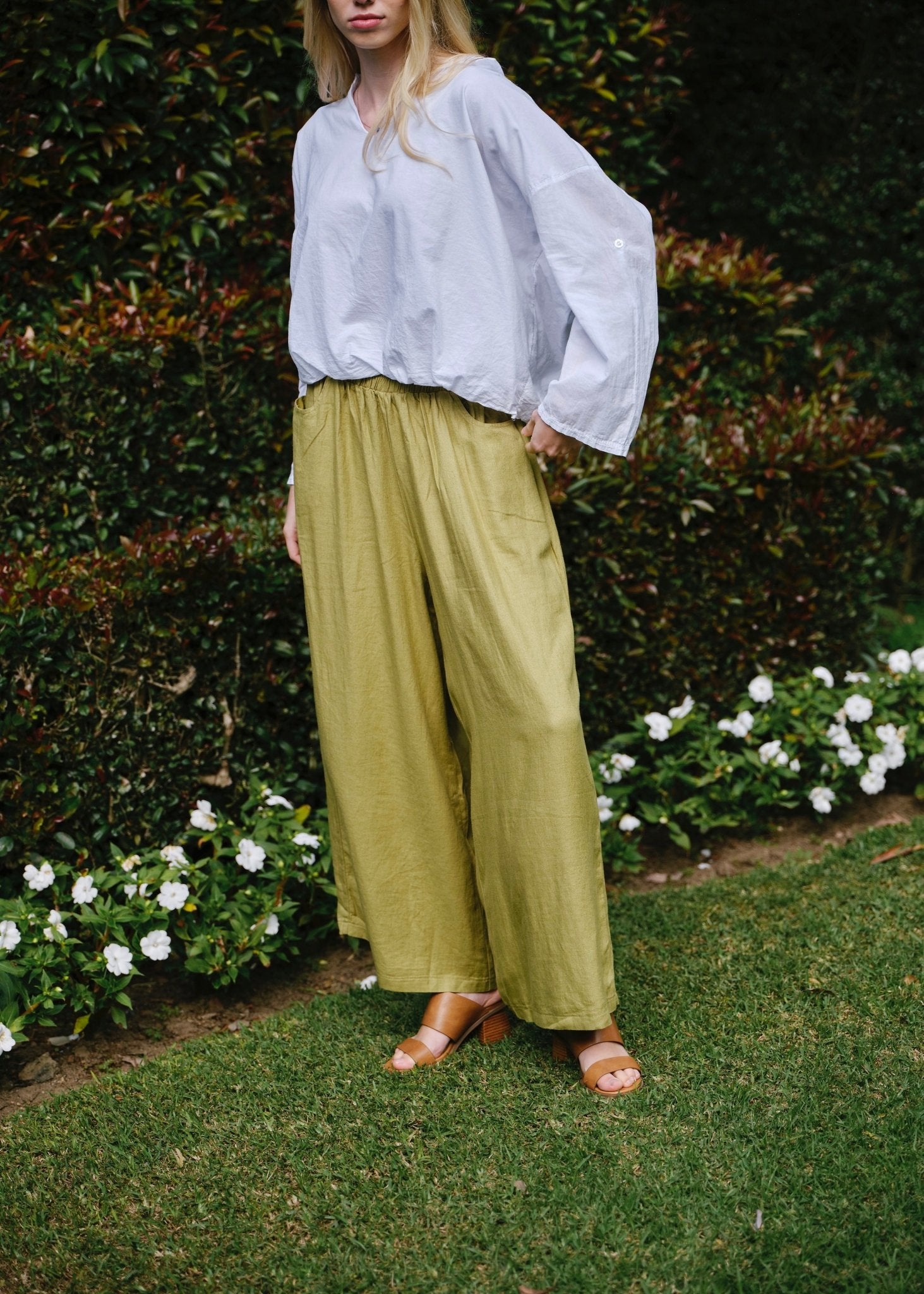 View our Alameda Wide Leg Pants In Olive Green - by Tribute Store
