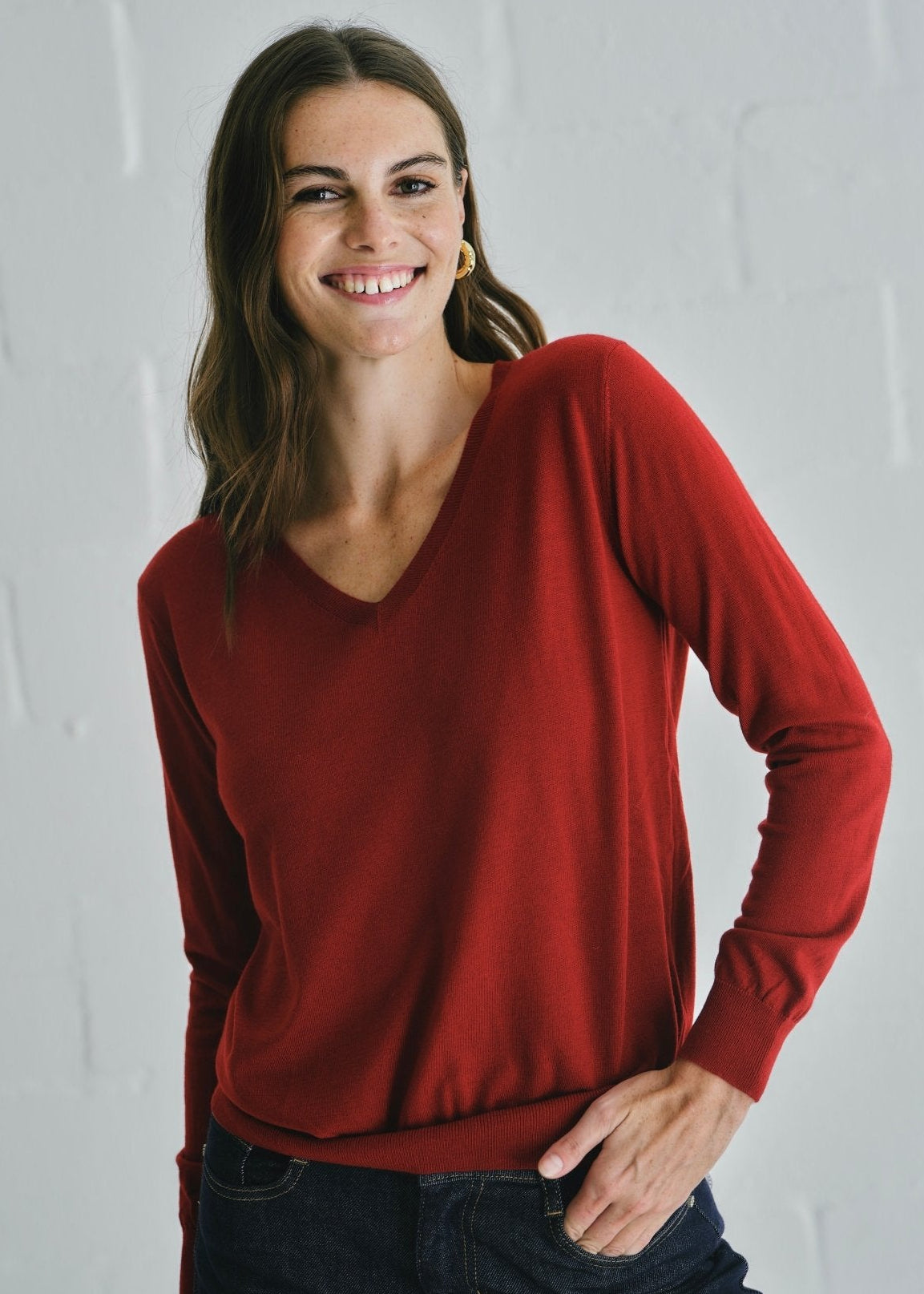 View our Allure Essential Italian V Neck Knit In Deep Red - by Tribute Store