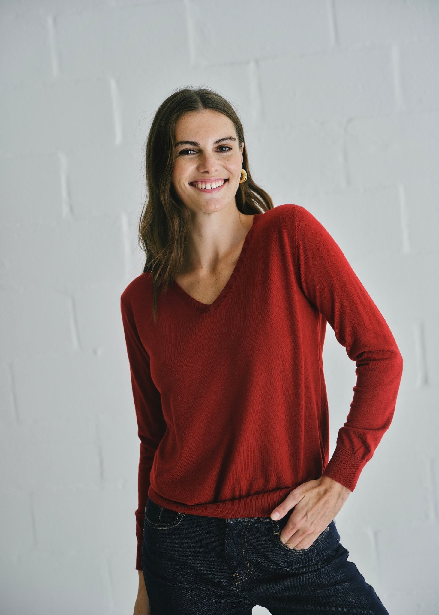 View our Allure Essential Italian V Neck Knit In Deep Red - by Tribute Store