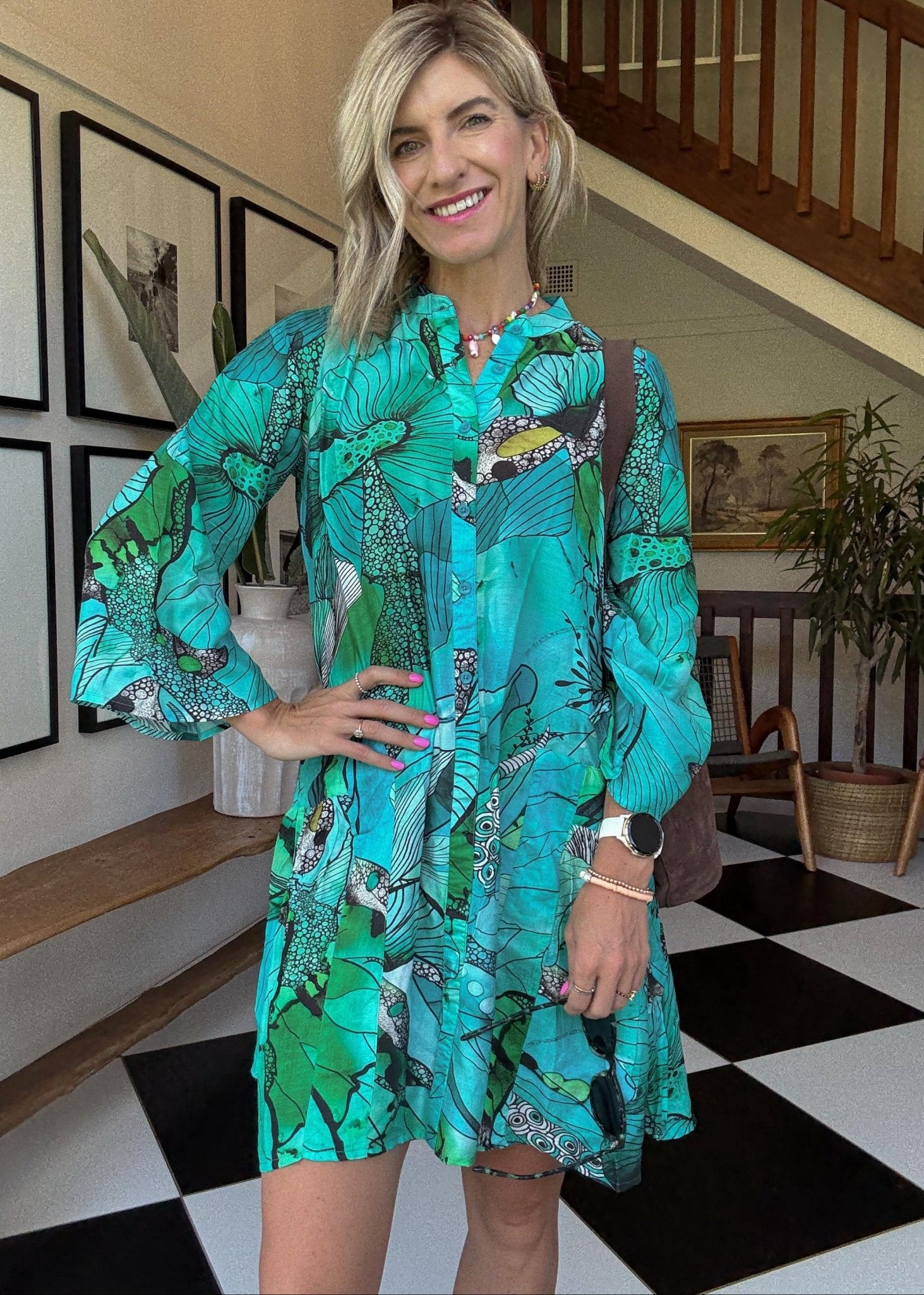 View our Amalfi Dress in Green and Turquoise Flower Print - by Tribute Store