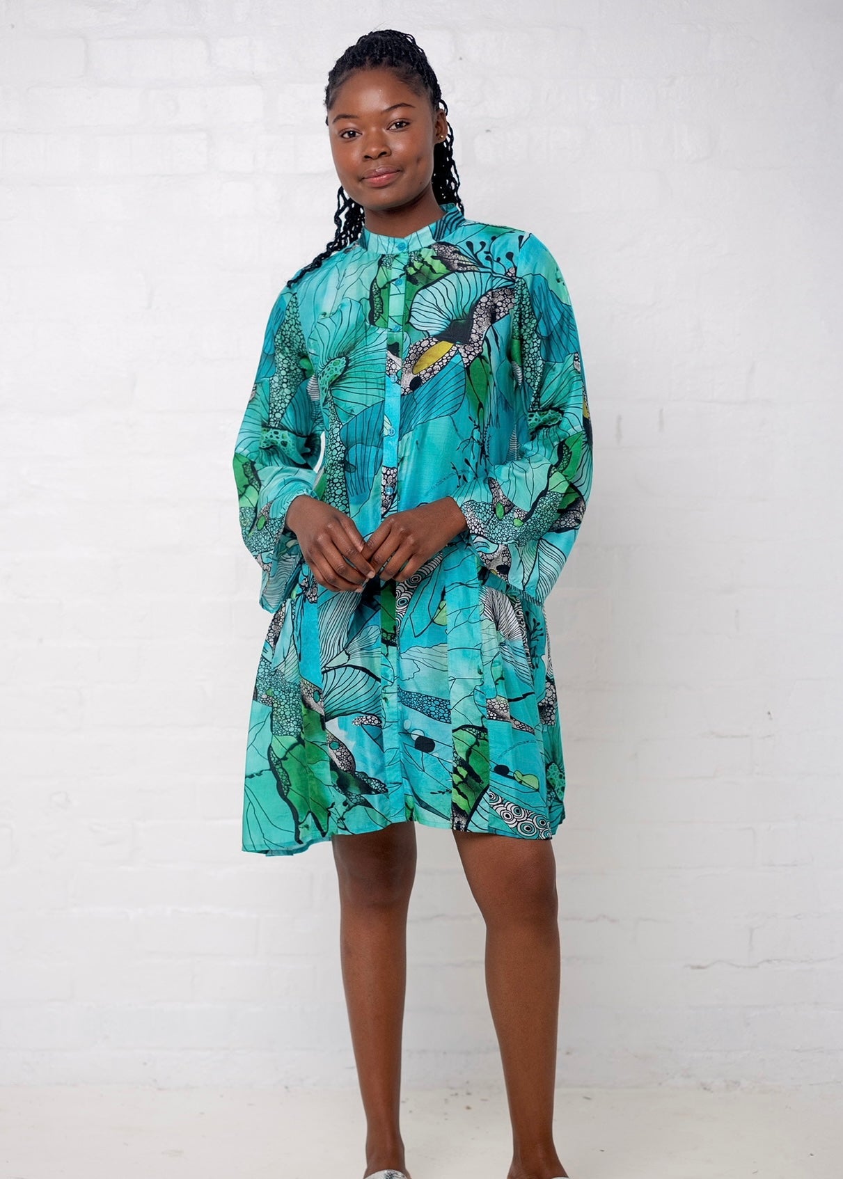 View our Amalfi Dress in Green and Turquoise Flower Print - by Tribute Store