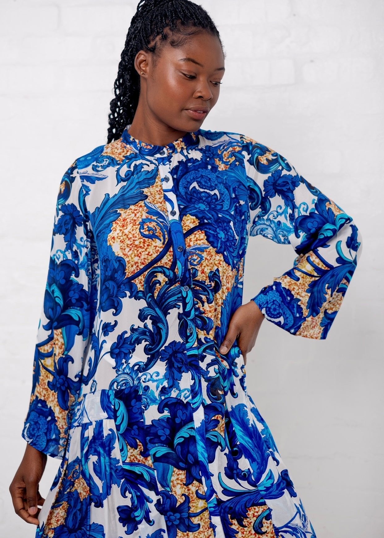 View our Amalfi Dress With Fleur De Lys Print in Blue and Gold - by Tribute Store