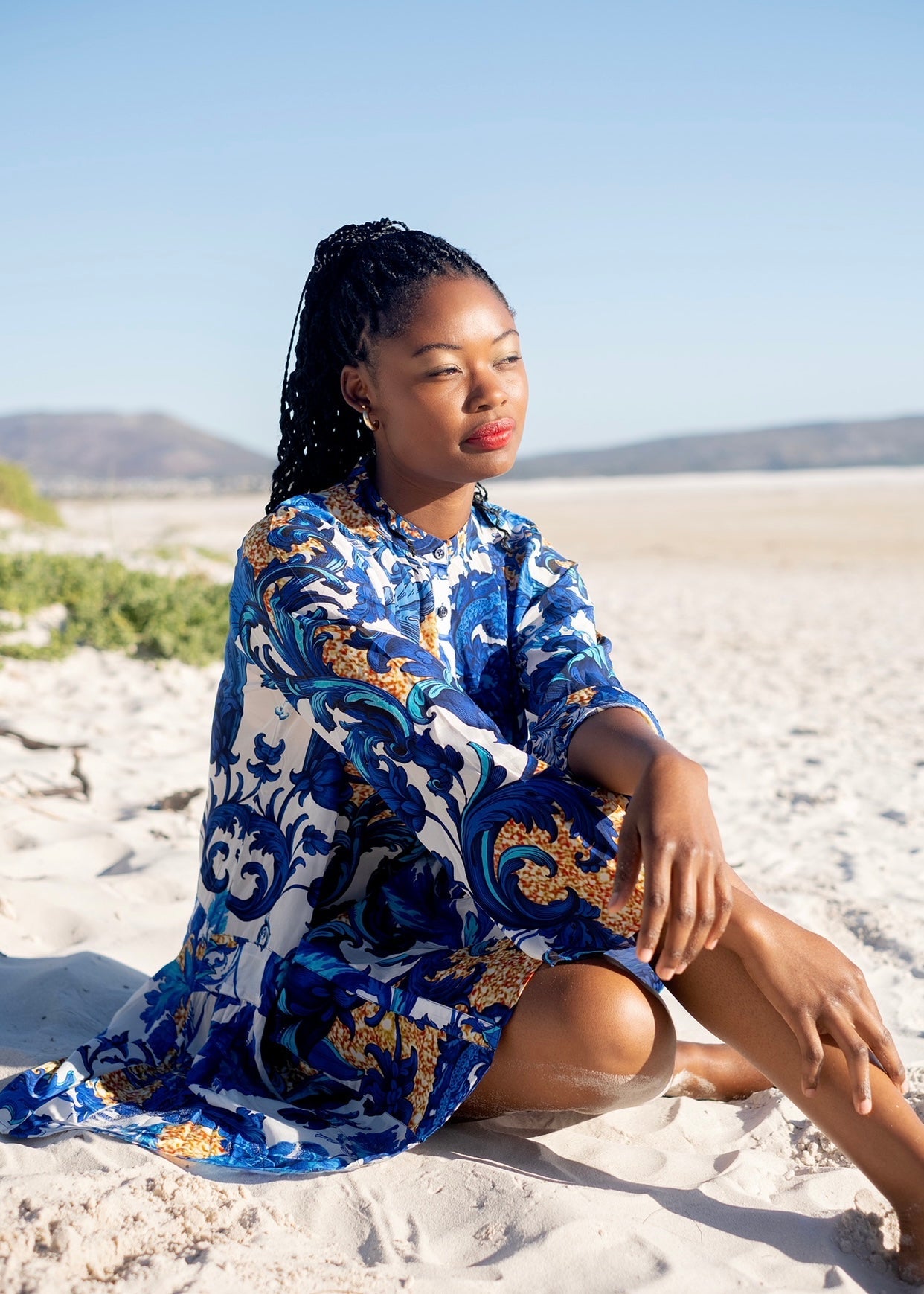 View our Amalfi Dress With Fleur De Lys Print in Blue and Gold - by Tribute Store