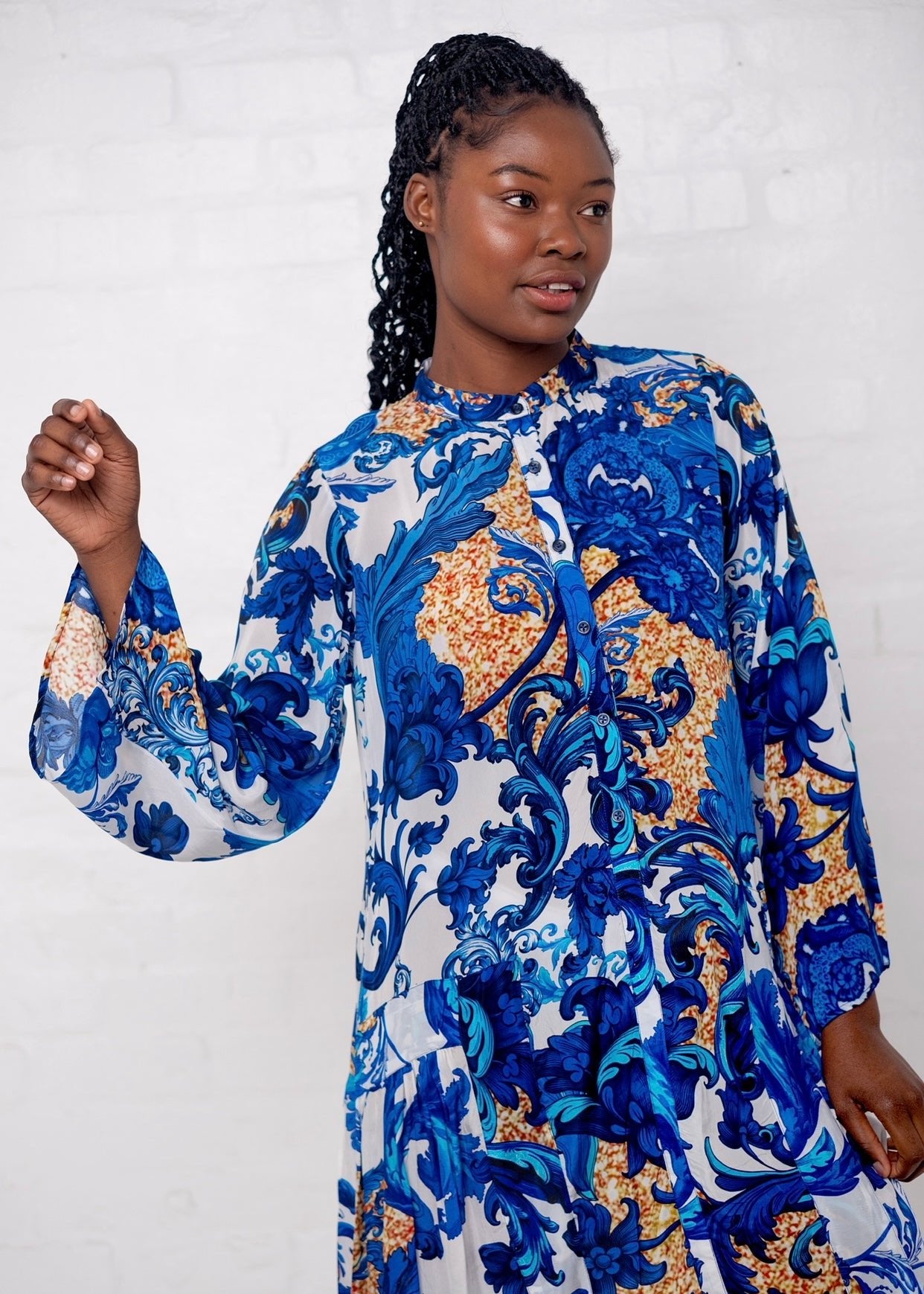 View our Amalfi Dress With Fleur De Lys Print in Blue and Gold - by Tribute Store