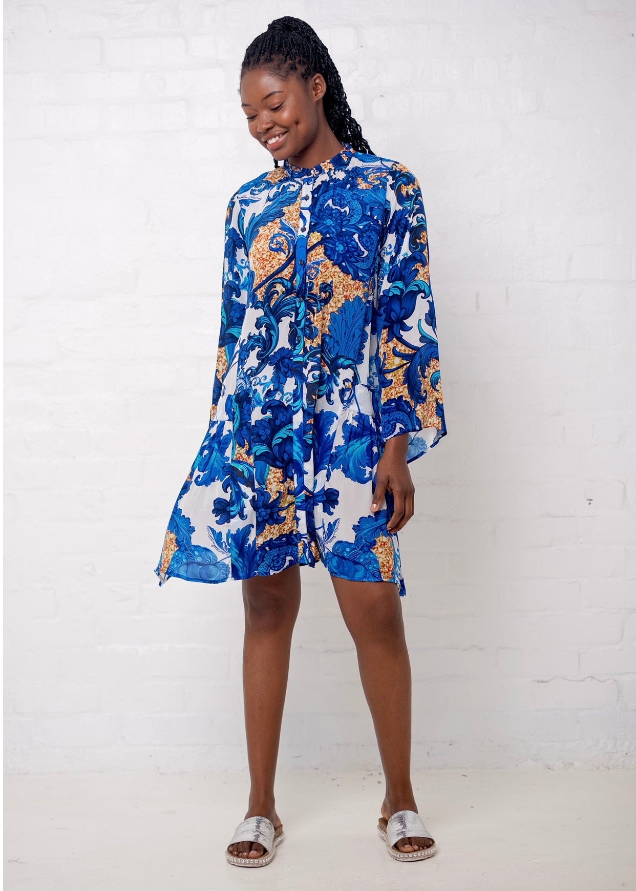 View our Amalfi Dress With Fleur De Lys Print in Blue and Gold - by Tribute Store