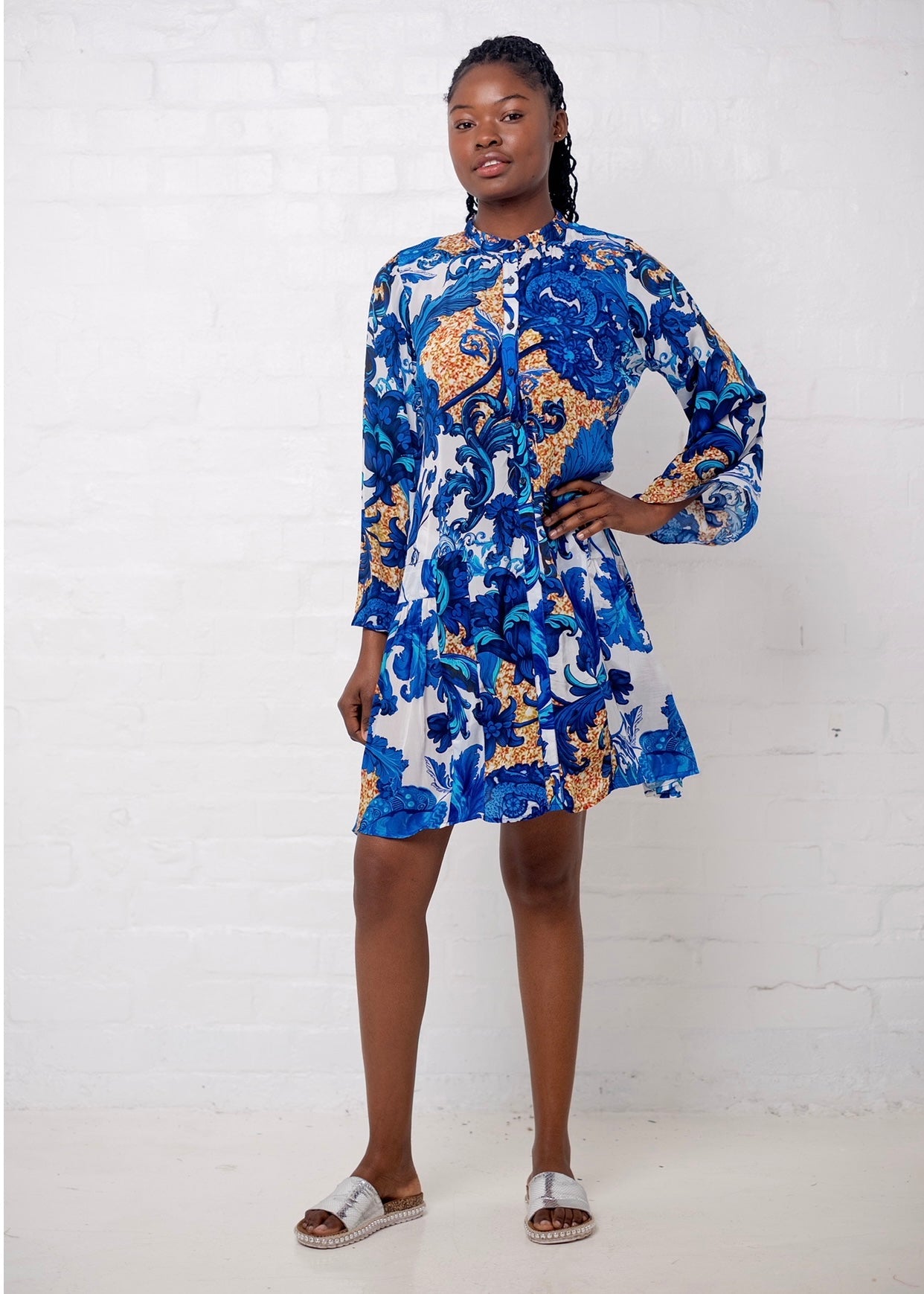 View our Amalfi Dress With Fleur De Lys Print in Blue and Gold - by Tribute Store