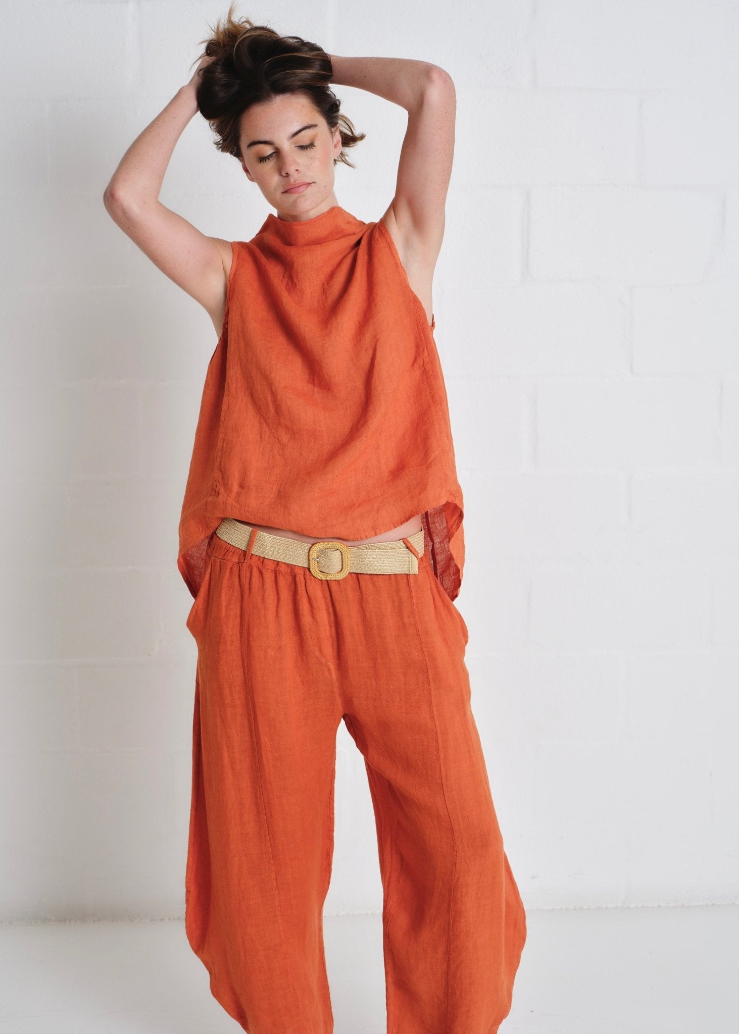 View our Antibes Barrel Linen Pants With Belt In Rust - by Tribute Store