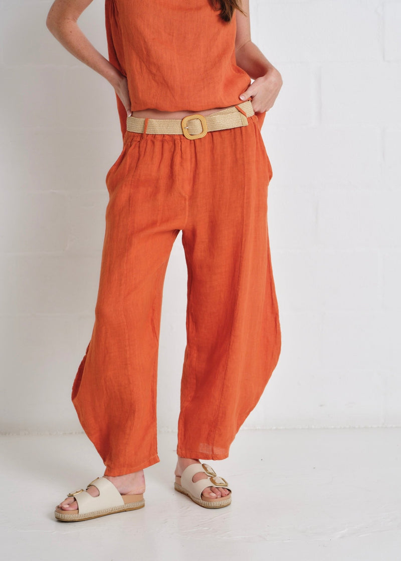 View our Antibes Barrel Linen Pants With Belt In Rust - by Tribute Store