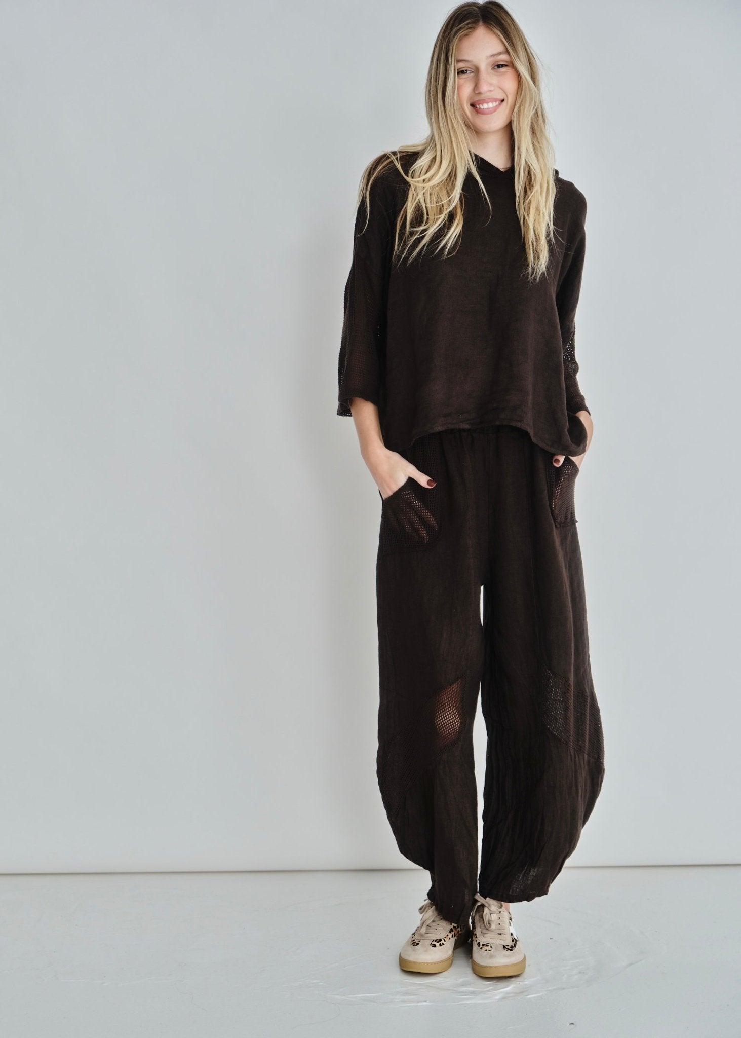 View our Antibes Crochet Linen Pants In Chocolate - by Tribute Store