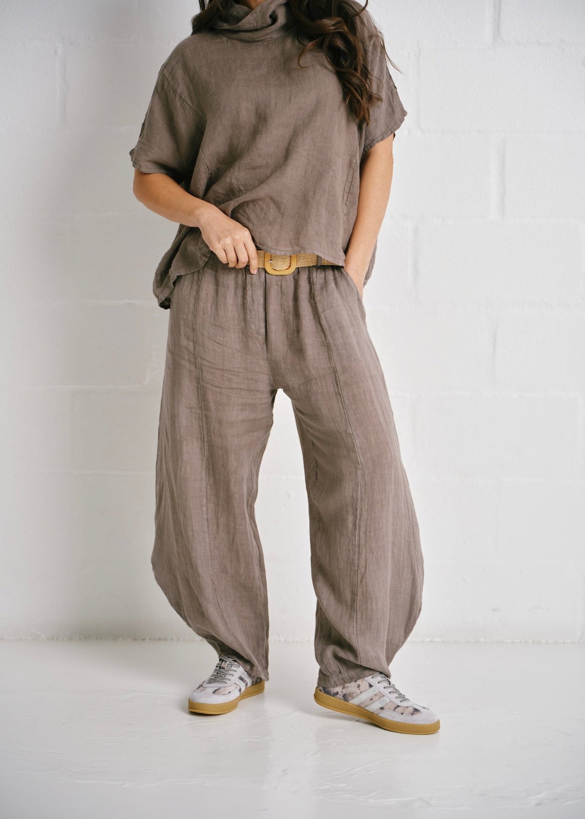 View our Antibes Italian Barrel Linen Pants With Belt In Taupe - by Tribute Store